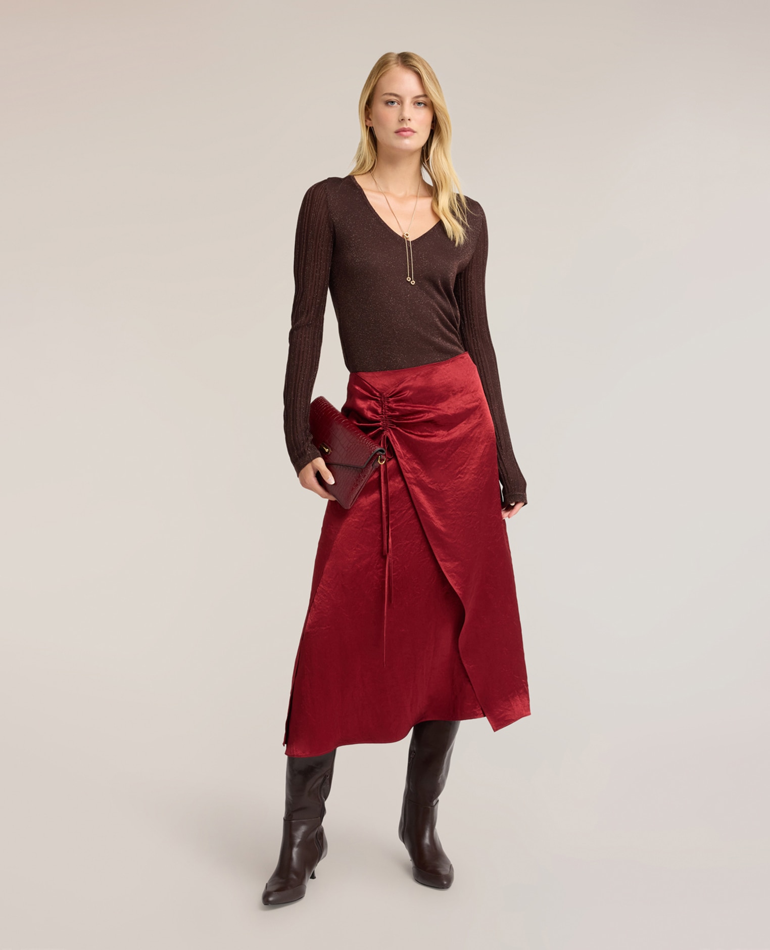 Jersey de mujer de lurex con escote en v de viscosa ajuste slim largo medio - Motivi - Marrón Marrón-3