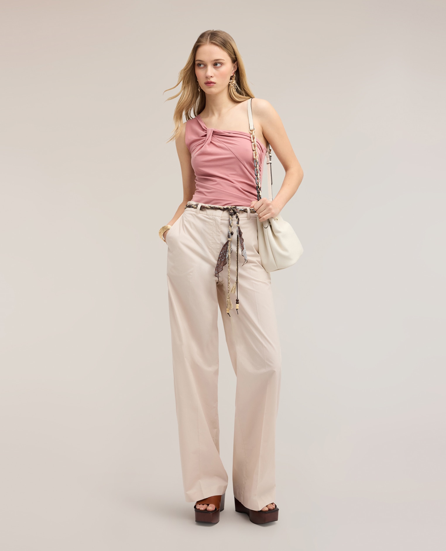 Pantalones de mujer palazzo de algodón con cinturón ajuste ancho cierre frontal con botón y cremallera - Motivi - Beige Beige-1