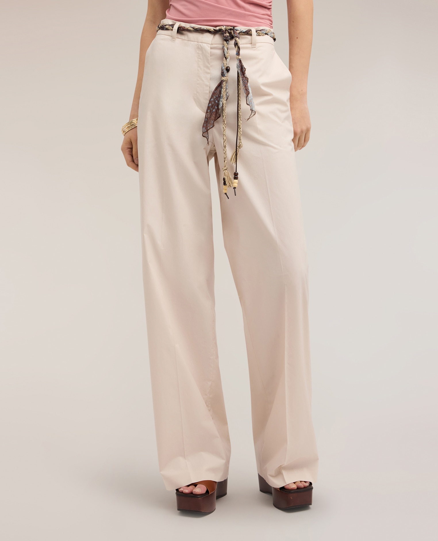 Pantalones de mujer palazzo de algodón con cinturón ajuste ancho cierre frontal con botón y cremallera - Motivi - Beige Beige-3