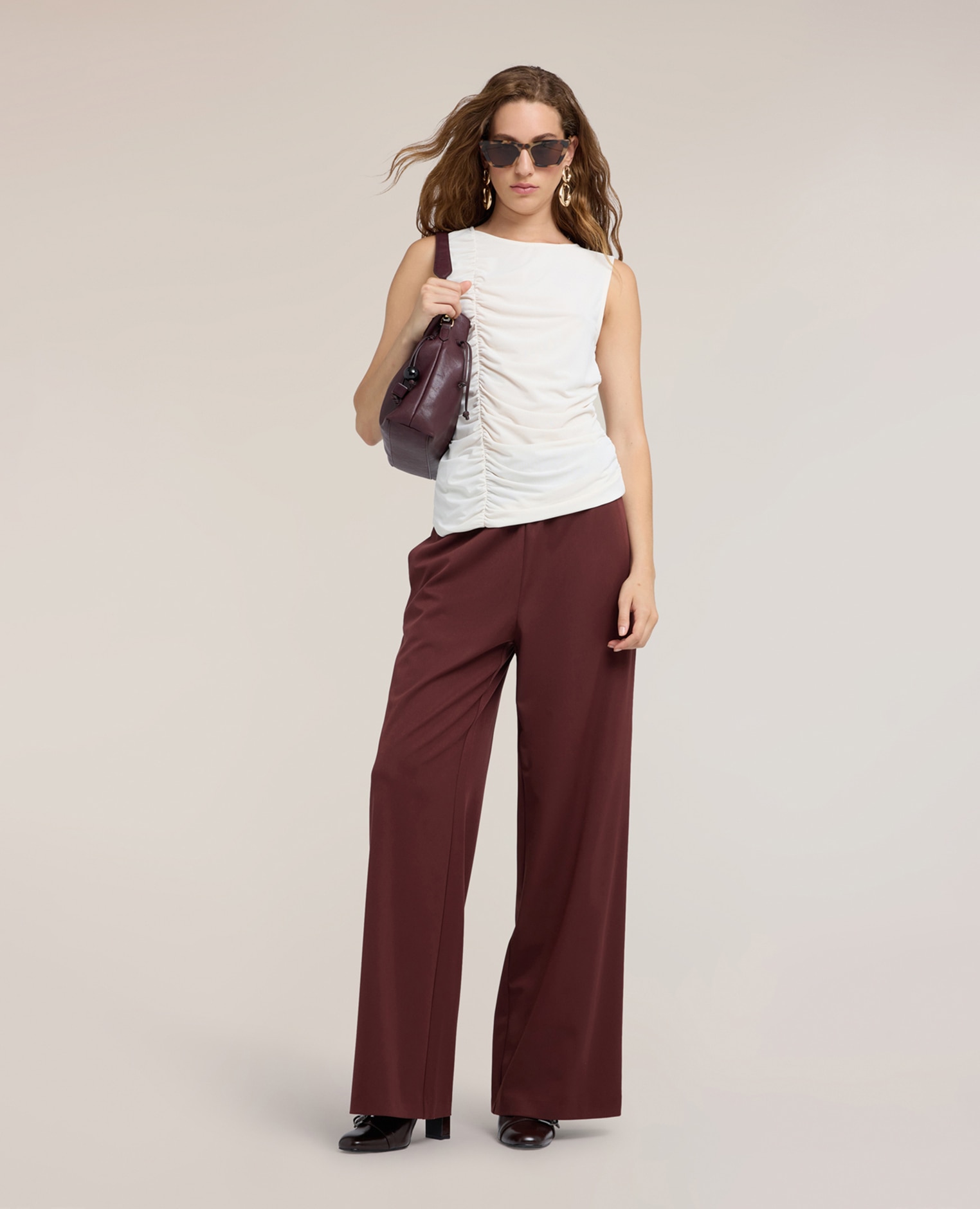 Pantalones de mujer palazzo fluidos con doble hebilla ajuste ancho cierre con cremallera lateral - Motivi - Marrón Marrón-1