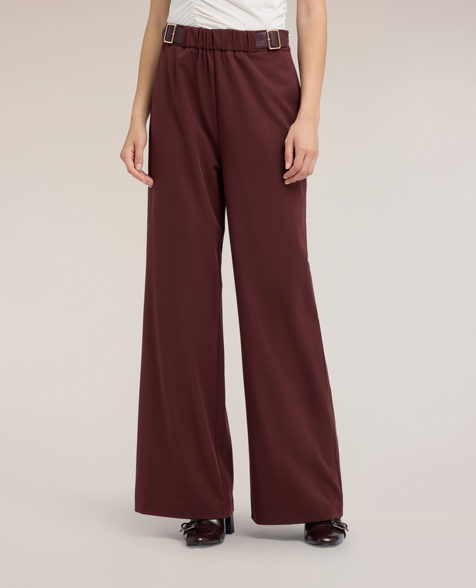 Pantalones de mujer palazzo fluidos con doble hebilla ajuste ancho cierre con cremallera lateral - Motivi - Marrón Marrón-3