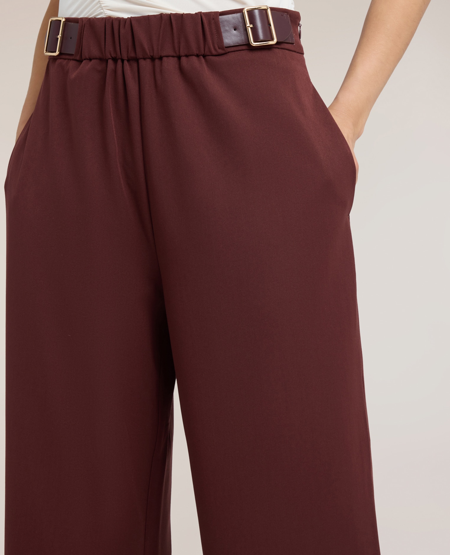 Pantalones de mujer palazzo fluidos con doble hebilla ajuste ancho cierre con cremallera lateral - Motivi - Marrón Marrón-4
