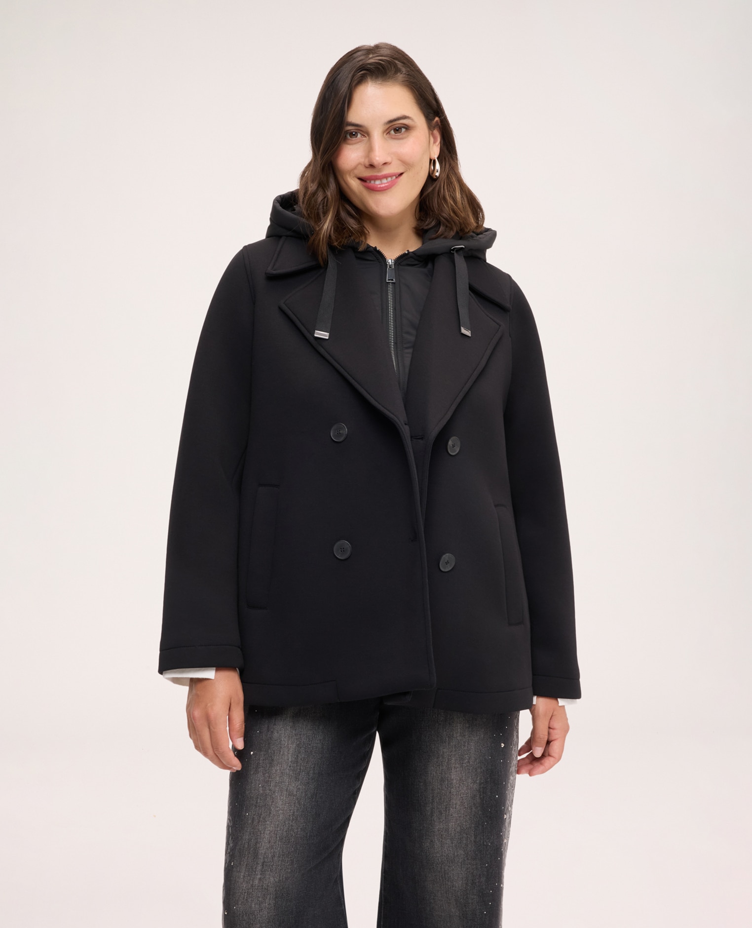 Chaqueta de mujer cruzada con pechera desmontable peto y capucha desmontable según el look - Fiorella Rubino - Negro Negro-1