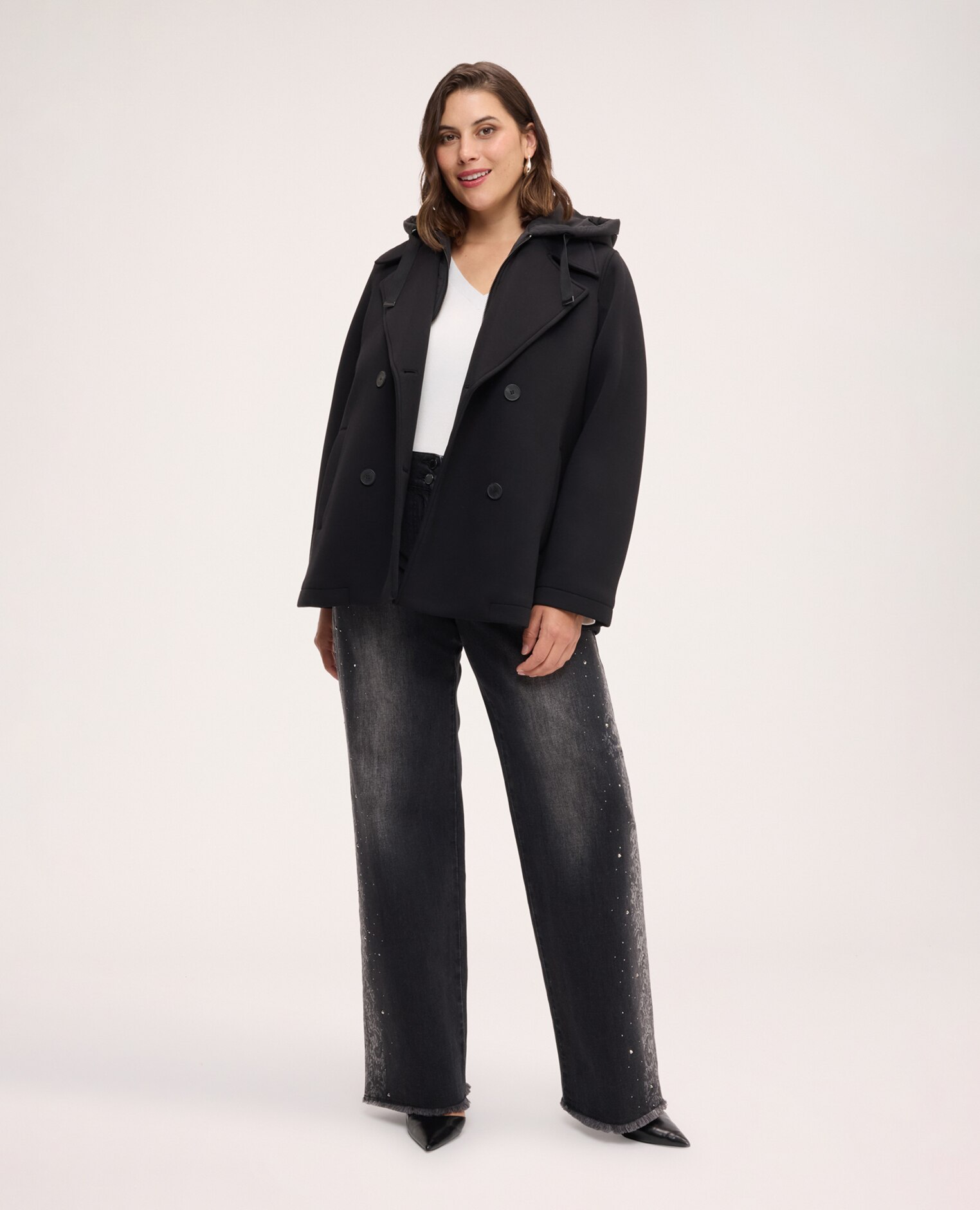 Chaqueta de mujer cruzada con pechera desmontable peto y capucha desmontable según el look - Fiorella Rubino - Negro Negro-3