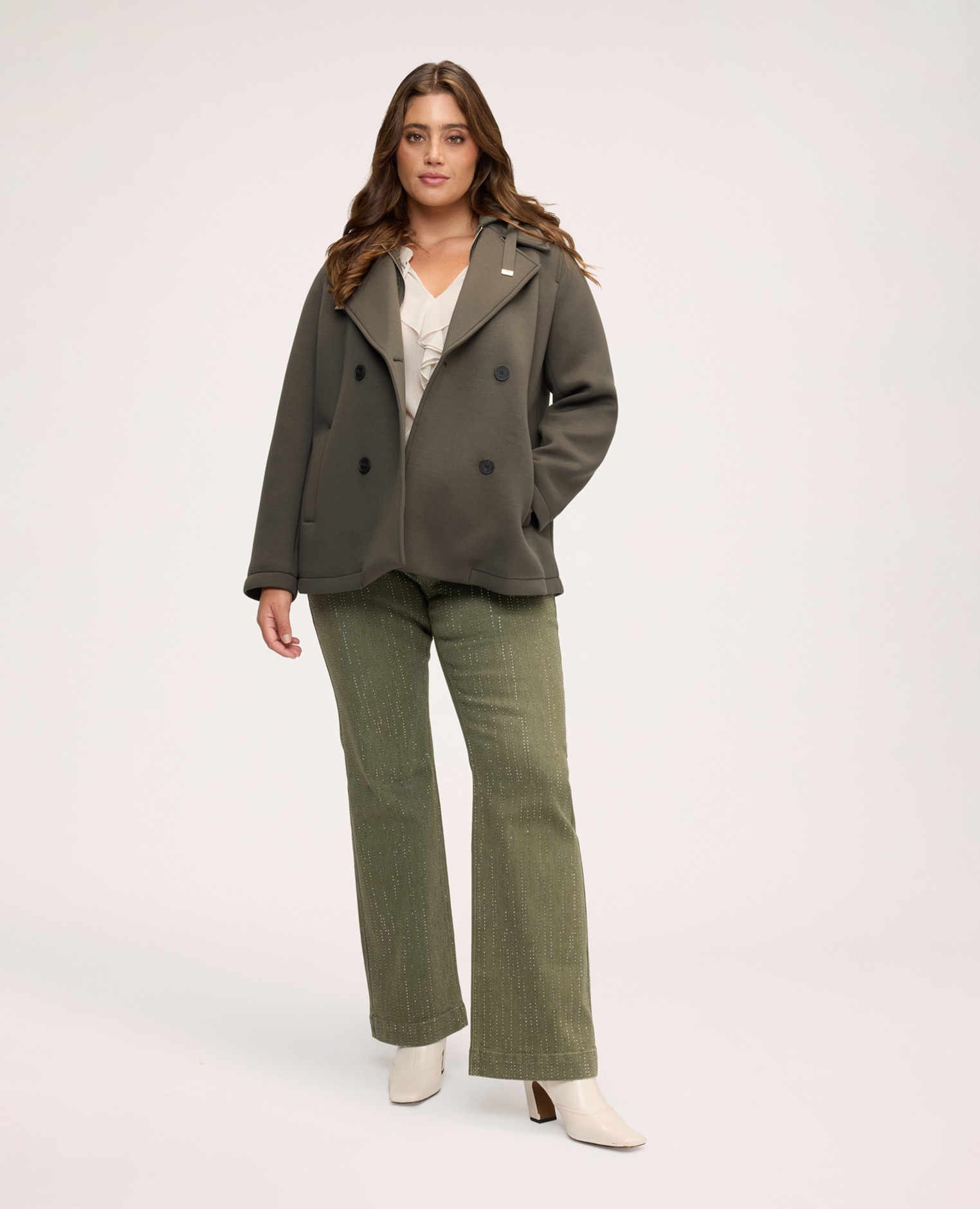 Chaqueta de mujer cruzada con pechera desmontable peto y capucha desmontable según el look - Fiorella Rubino - Verde militar Verde militar-3
