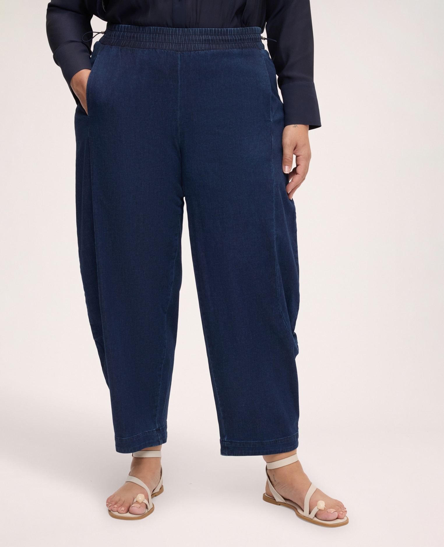 Jeans de mujer balloon con cordón cintura elástica con cordón ajustable - Fiorella Rubino - Azul Azul-3