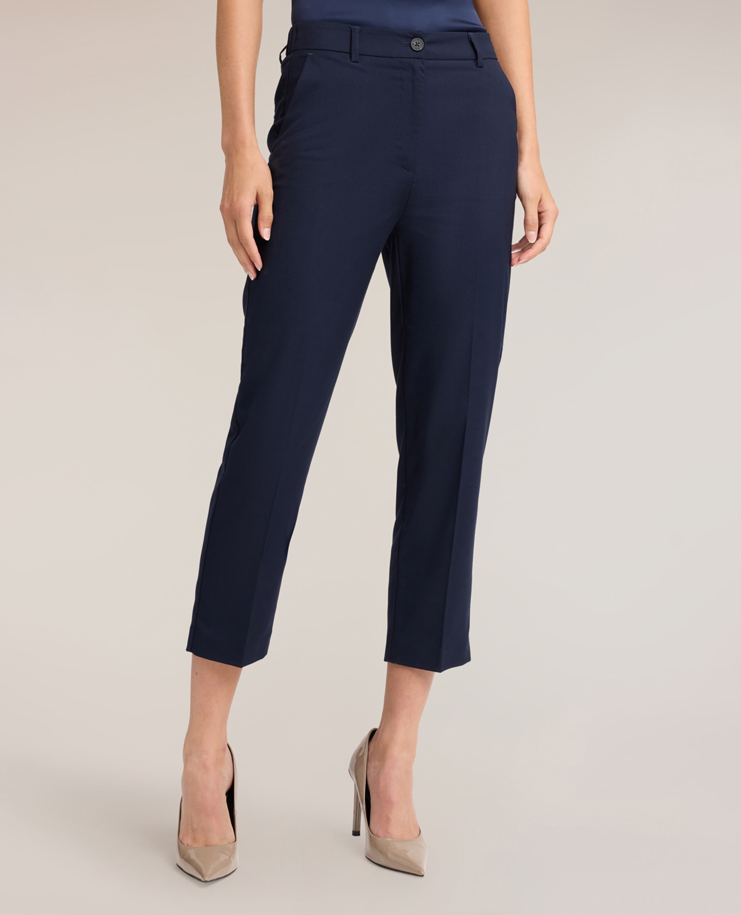 Pantalones de mujer regular en cady ajuste regular con elástico insertado en cintura cierre frontal con botón y cremallera oculta - Motivi - Azul Azul-3