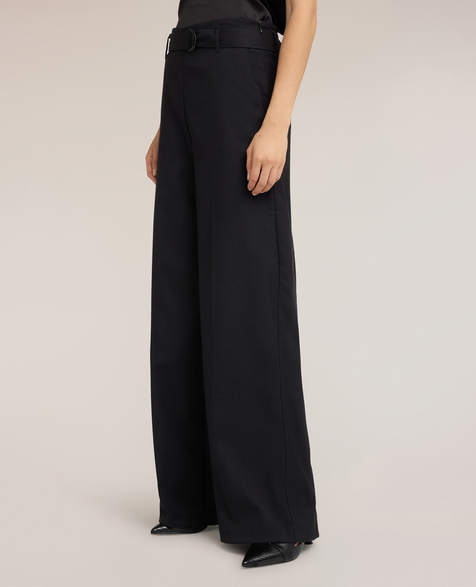 Pantalones de mujer palazzo en cady con cinturón ajuste ancho cierre con cremallera frontal - Motivi - Negro Negro-3