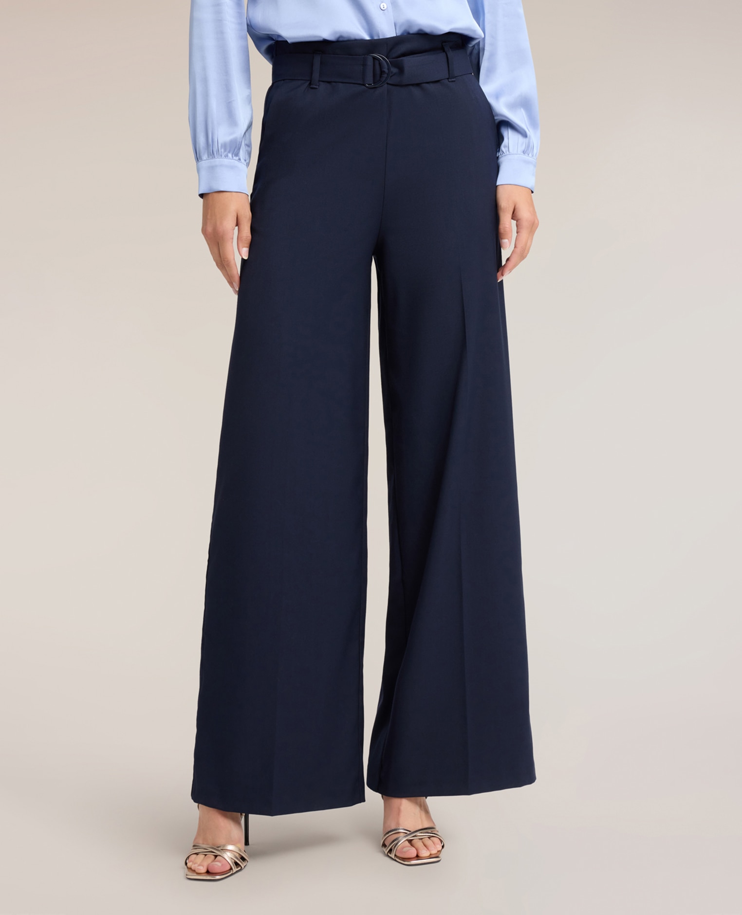 Pantalones de mujer palazzo en cady con cinturón ajuste ancho cierre con cremallera frontal - Motivi - Azul Azul-3