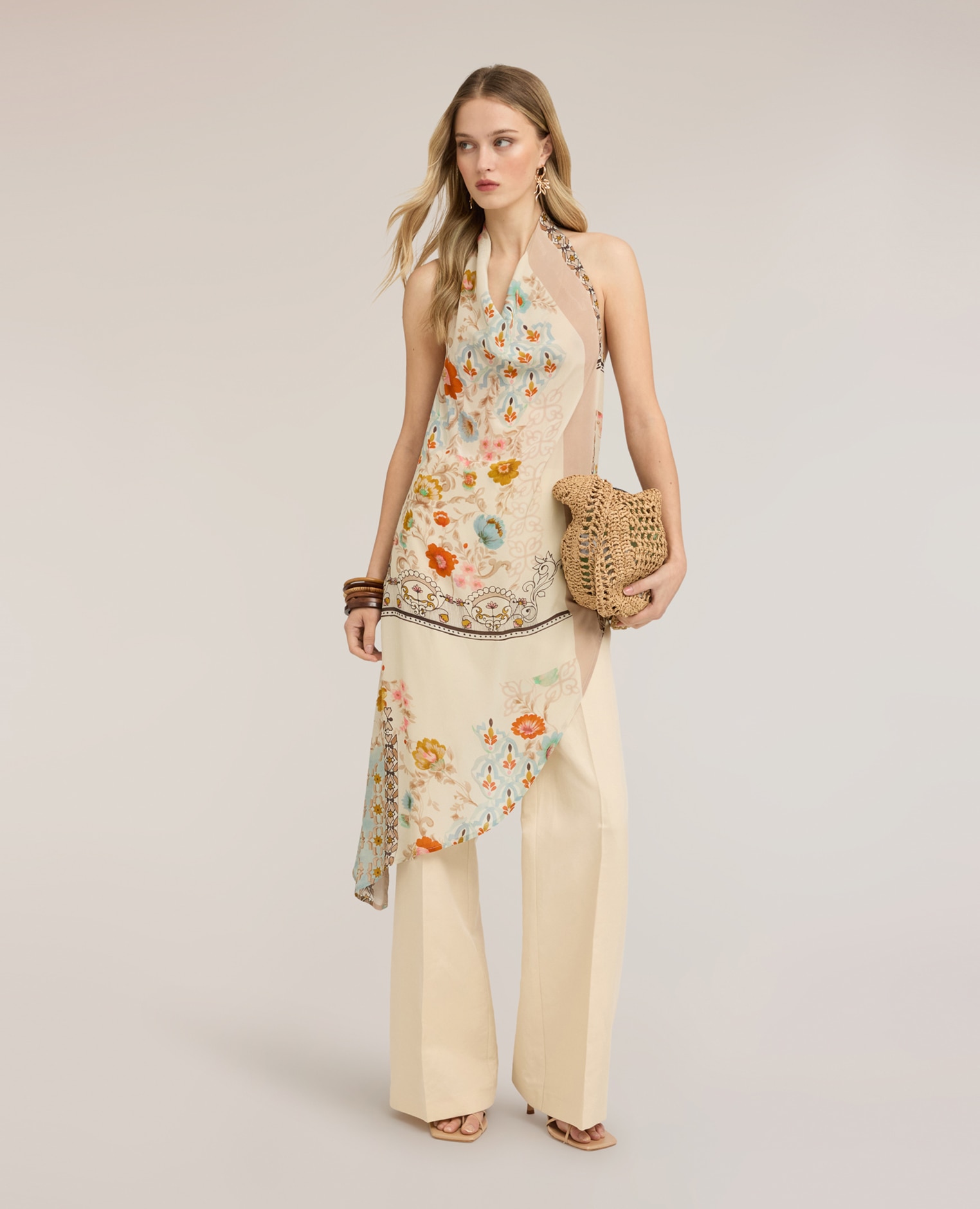 Top de mujer asimétrico con estampado floral espalda descubierta ajuste regular - Motivi - Beige Beige-3