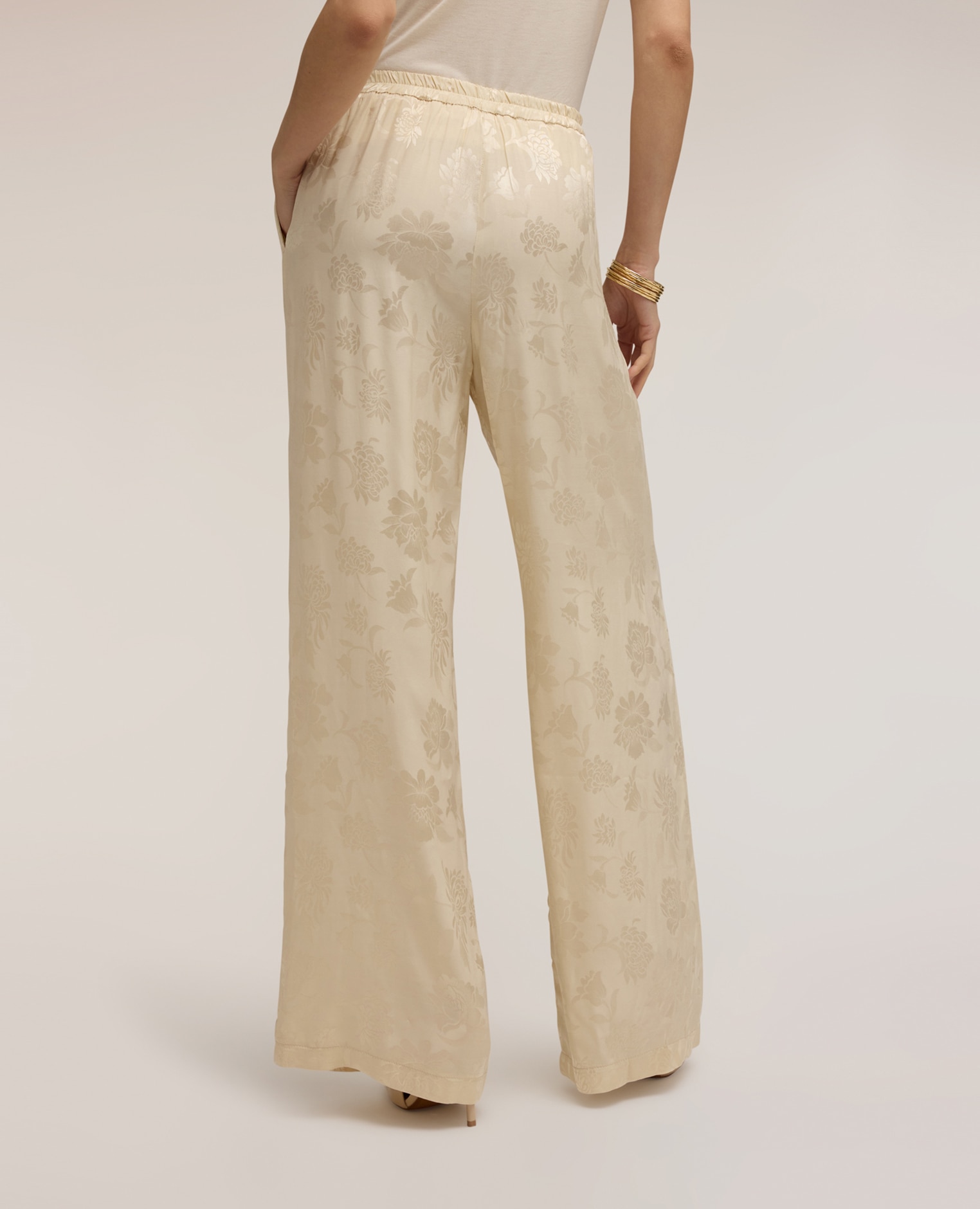 Pantalones de mujer palazzo en raso jacquard cierre con banda elástica en la cintura - Motivi - Beige Beige-2