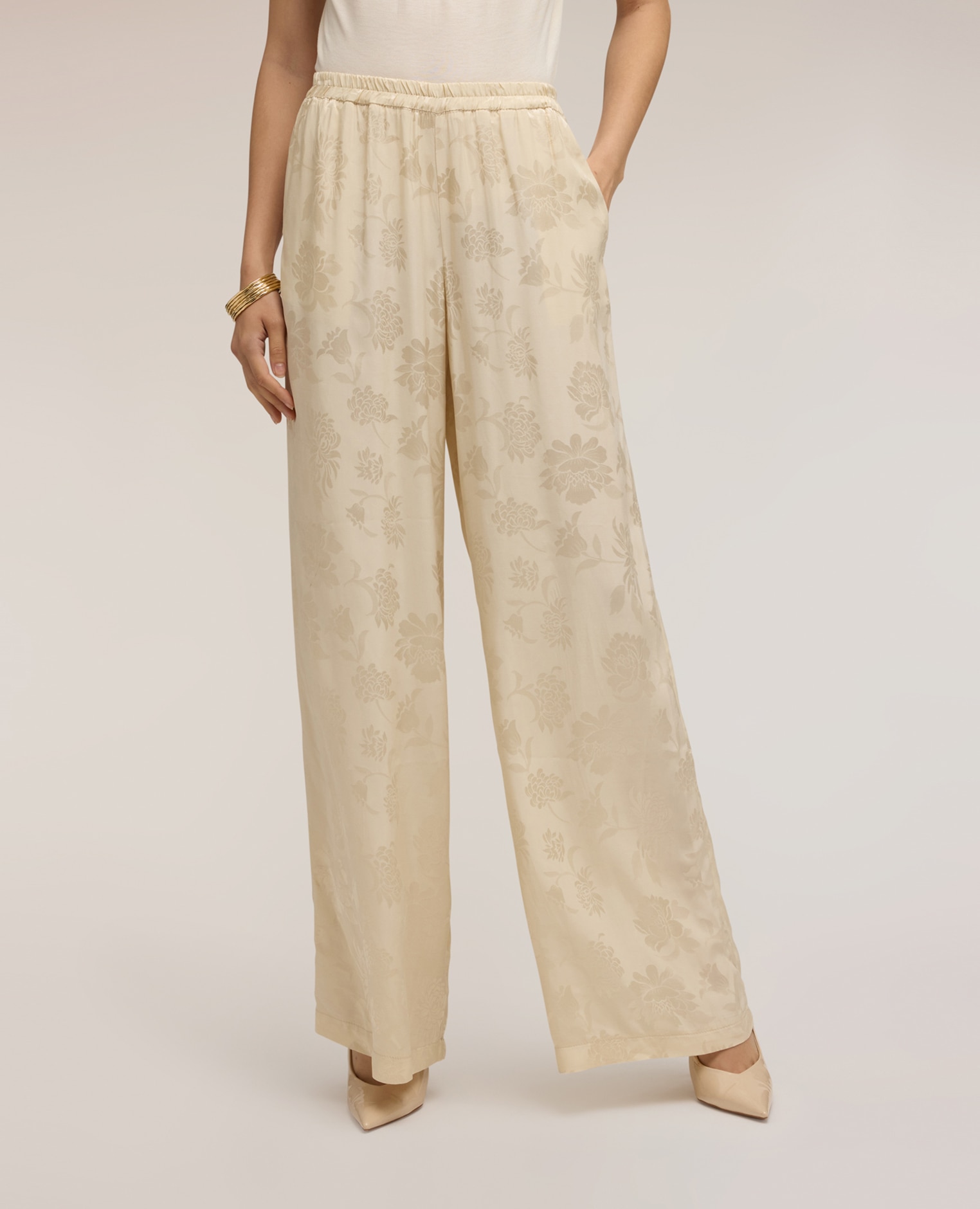 Pantalones de mujer palazzo en raso jacquard cierre con banda elástica en la cintura - Motivi - Beige Beige-3