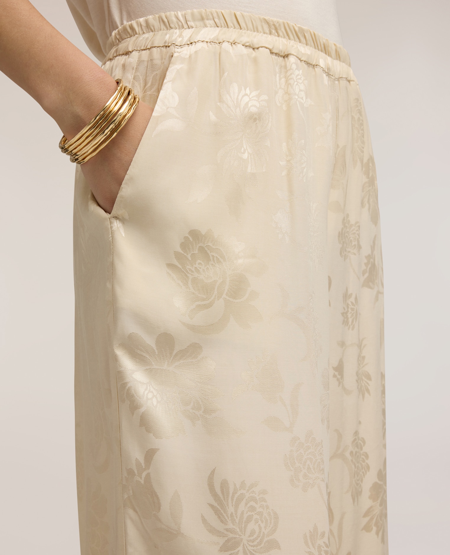 Pantalones de mujer palazzo en raso jacquard cierre con banda elástica en la cintura - Motivi - Beige Beige-4