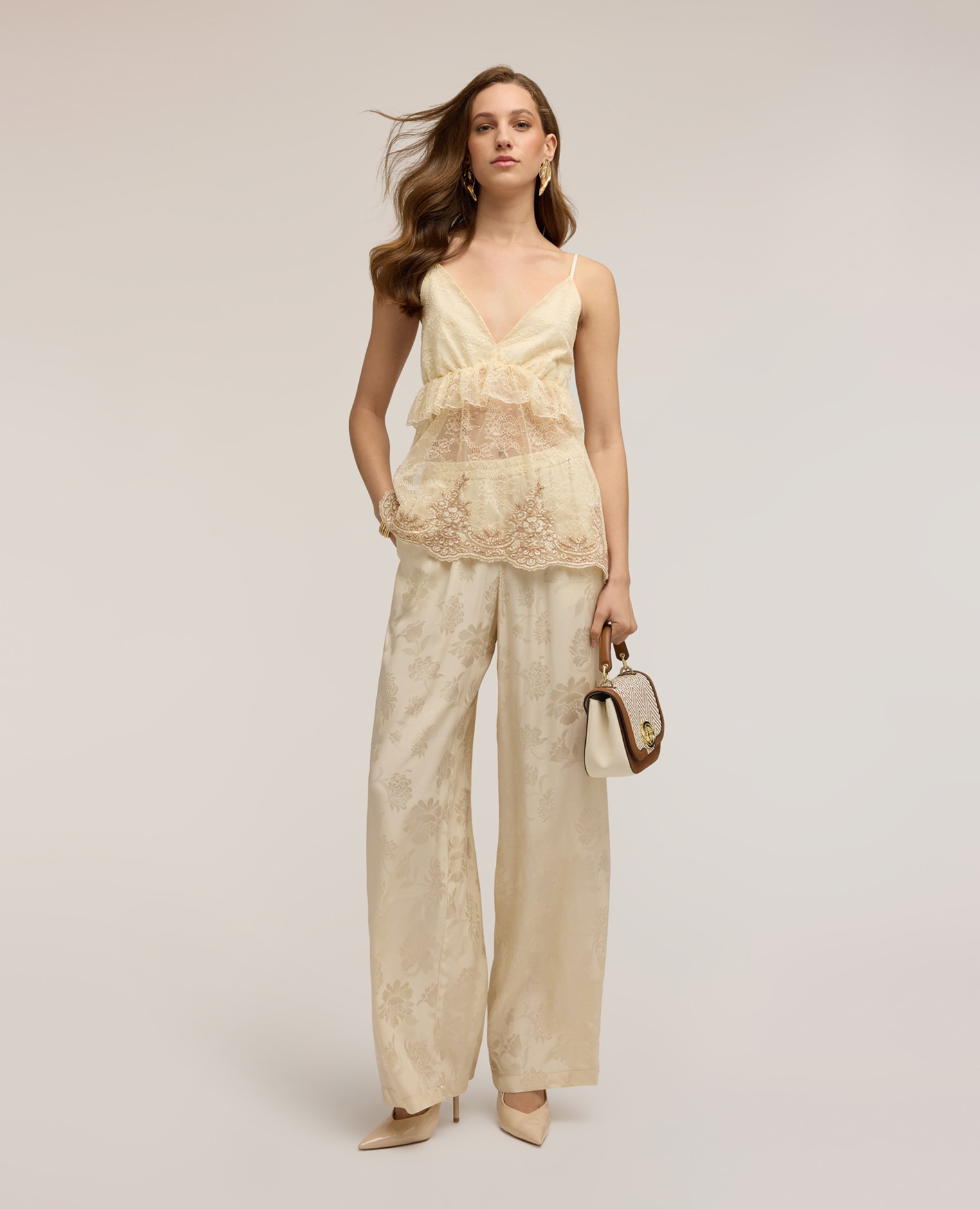 Motivi - Pantalones de mujer palazzo en raso jacquard cierre con banda elástica en la cintura.
