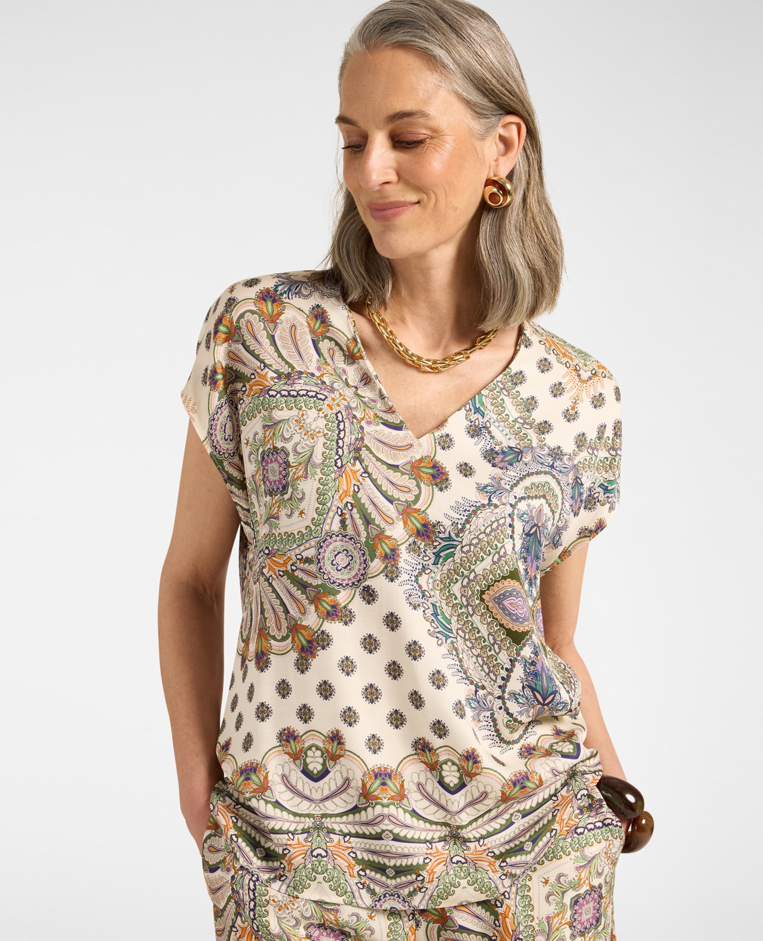 Blusa de mujer de viscosa estampada con escote en v ajuste regular - Elena Miró - Beige Beige-1