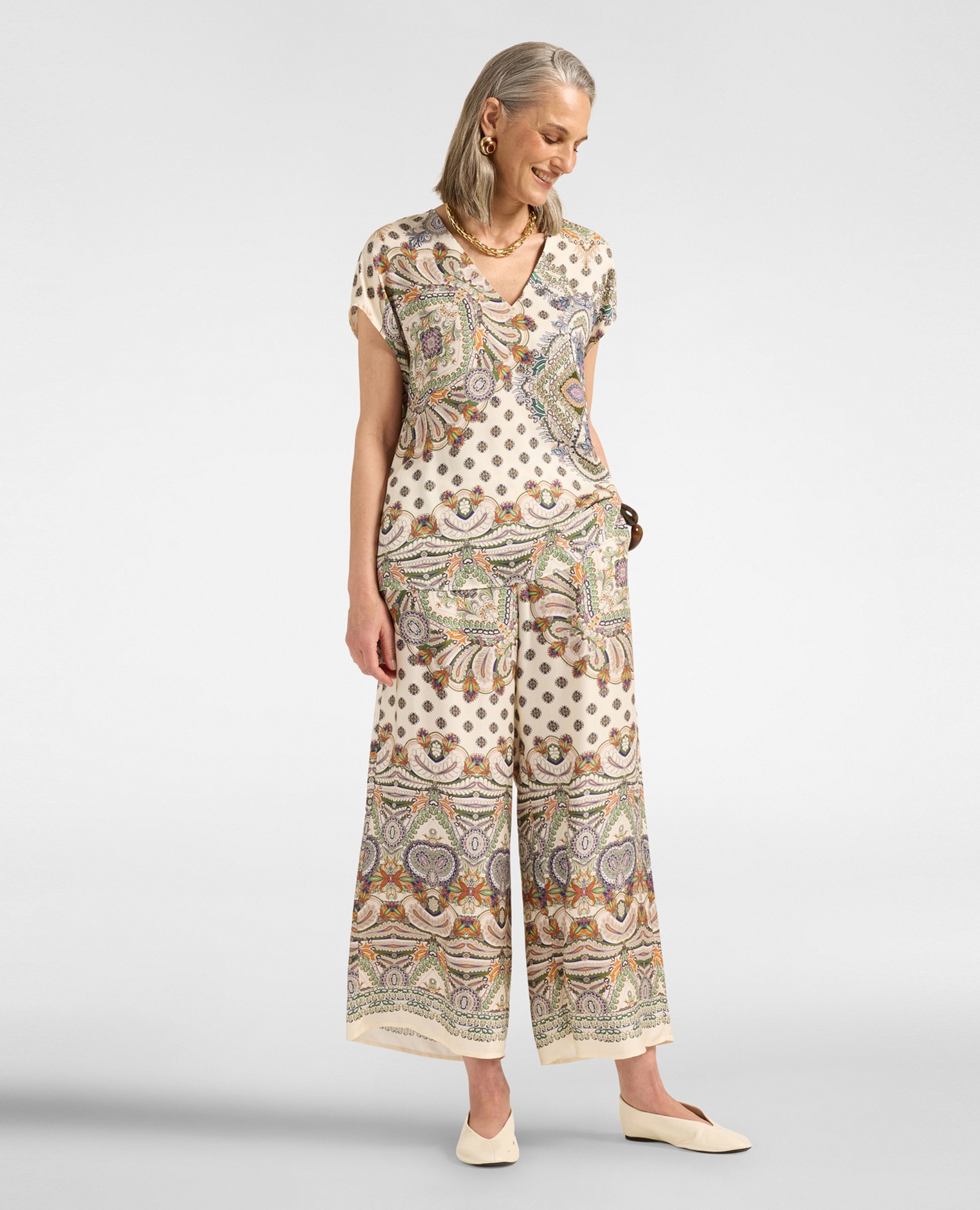 Blusa de mujer de viscosa estampada con escote en v ajuste regular - Elena Miró - Beige Beige-3