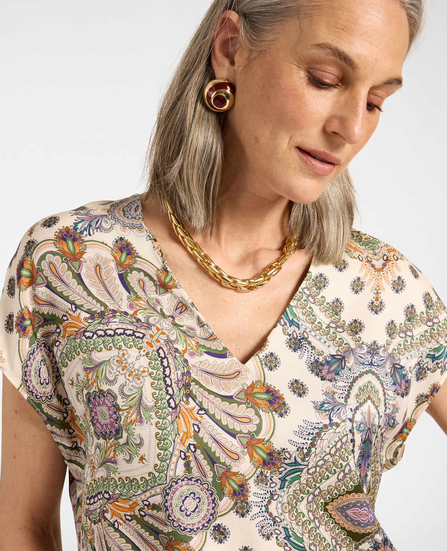Blusa de mujer de viscosa estampada con escote en v ajuste regular - Elena Miró - Beige Beige-4
