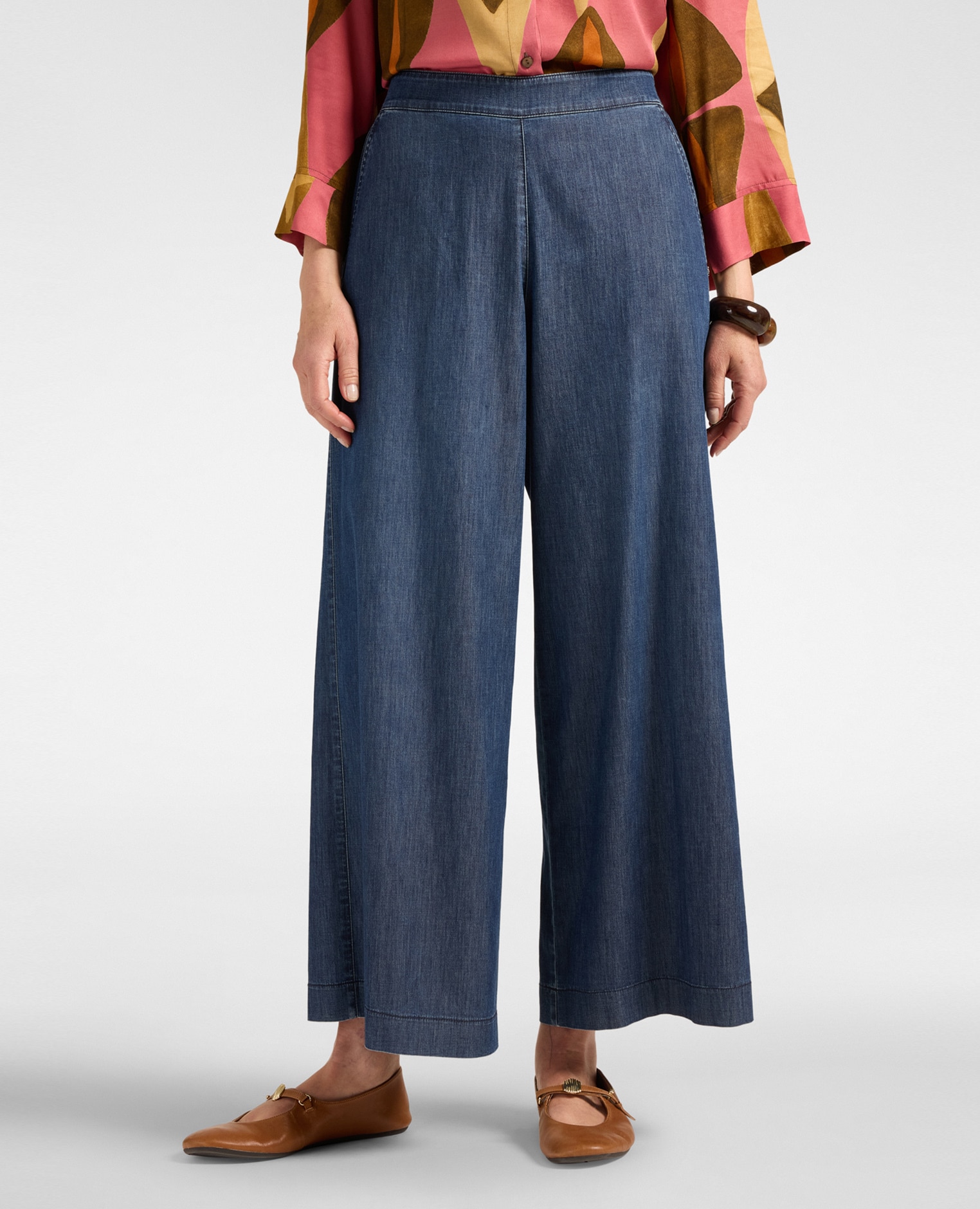 Jeans de mujer palazzo en chambray lavado silueta amplia con pierna palazzo cierre con cremallera - Elena Miró - Azul Azul-3