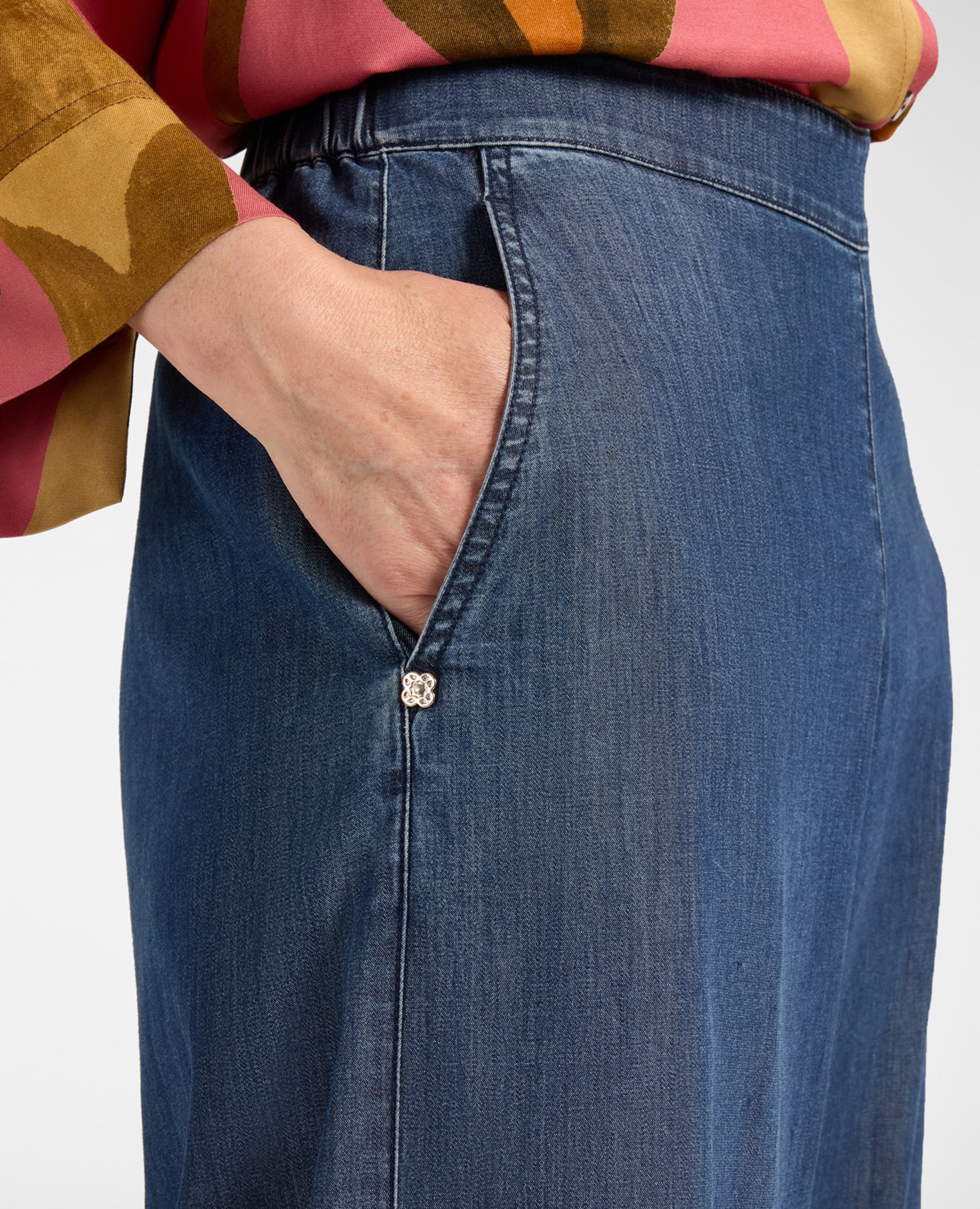 Jeans de mujer palazzo en chambray lavado silueta amplia con pierna palazzo cierre con cremallera - Elena Miró - Azul Azul-4