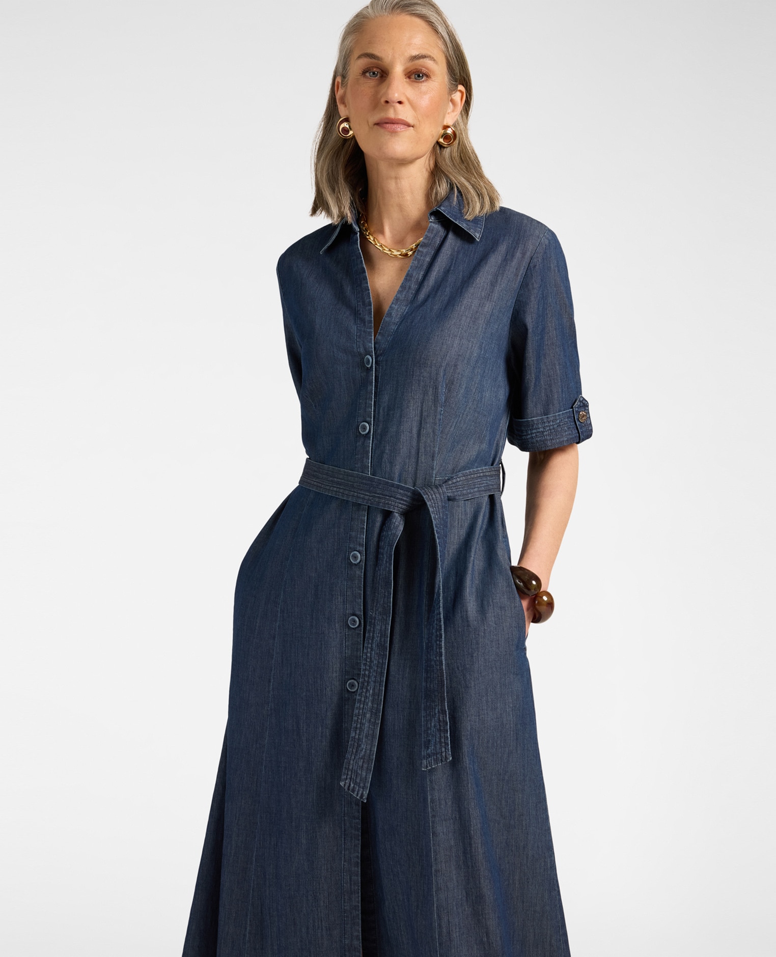 Vestido camisero largo con cinturón cierre con botones en el frente y cinturón del mismo tejido para anudar en la cintura - Elena Miró - Azul Azul-3