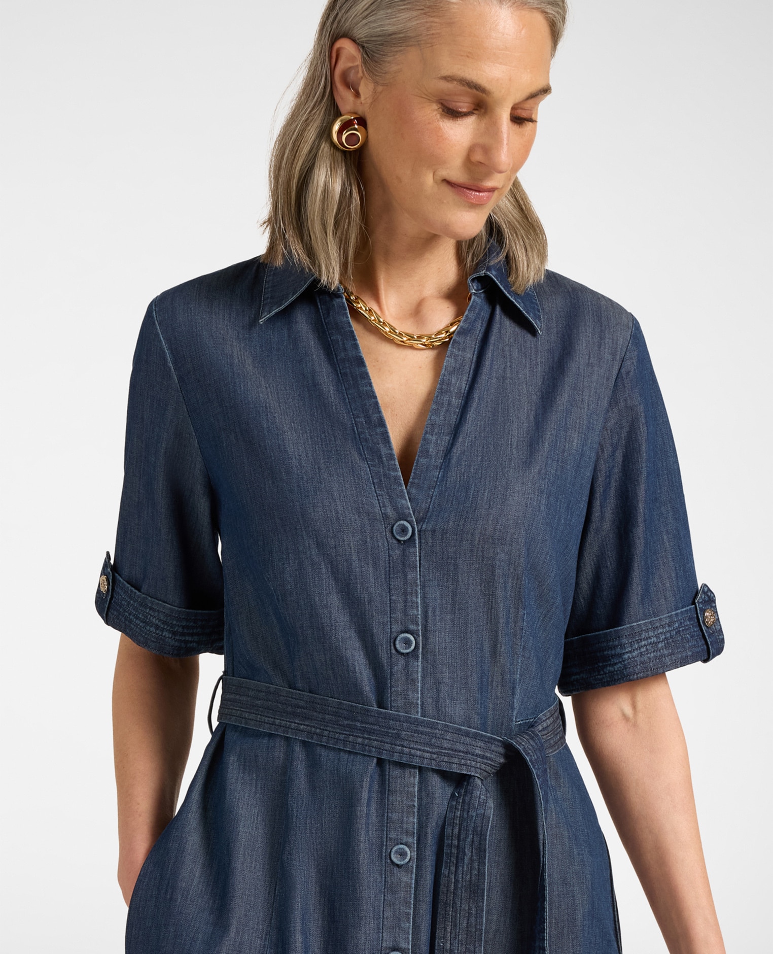Vestido camisero largo con cinturón cierre con botones en el frente y cinturón del mismo tejido para anudar en la cintura - Elena Miró - Azul Azul-4