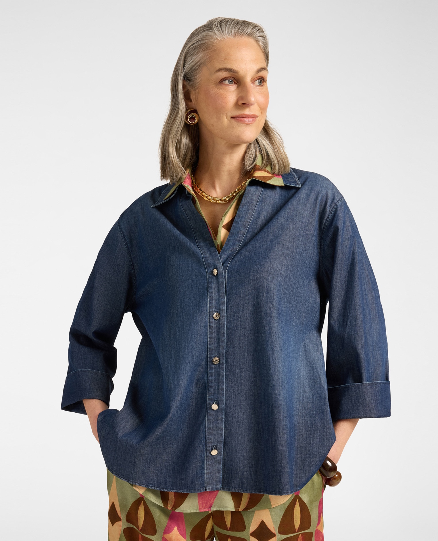 Camisa de mujer en chambray lavado ajuste regular cierre con botones en la parte delantera - Elena Miró - Azul Azul-1