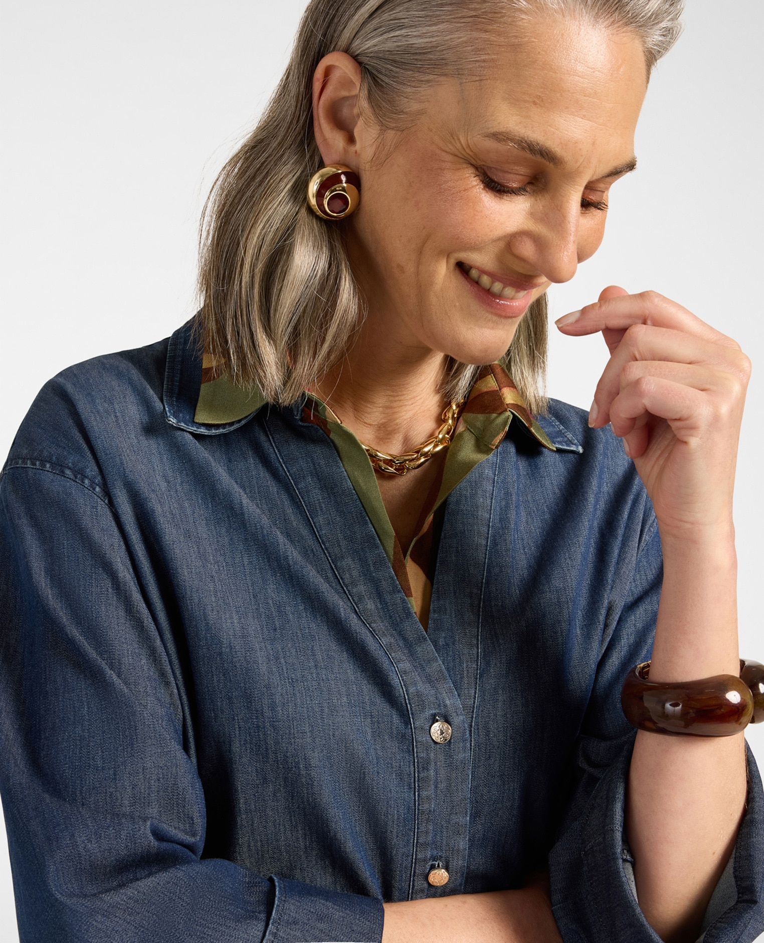 Camisa de mujer en chambray lavado ajuste regular cierre con botones en la parte delantera - Elena Miró - Azul Azul-4