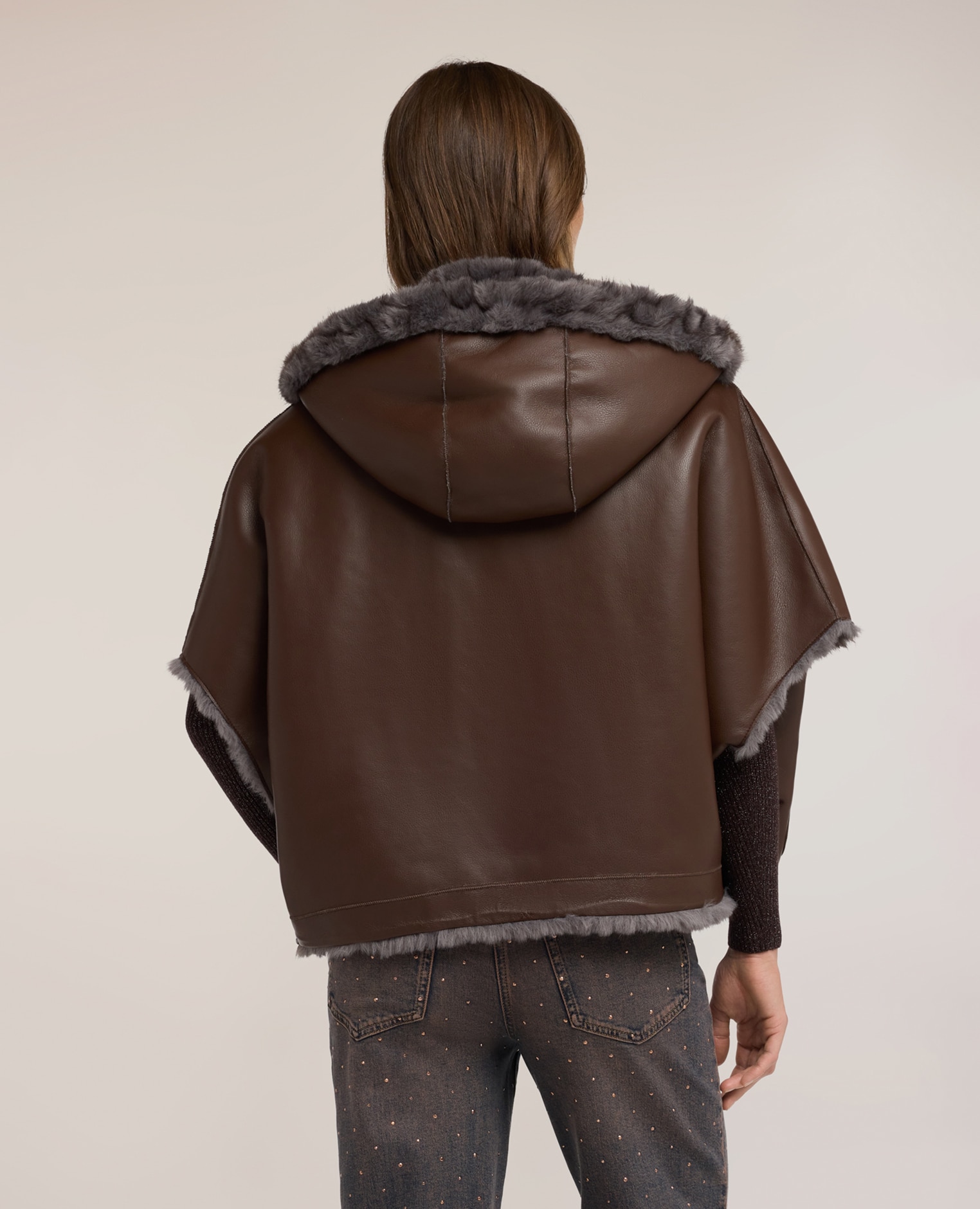 Capa de mujer reversible con cremallera ajuste oversize cierre con cremallera frontal y capucha - Motivi - Marrón Marrón-2