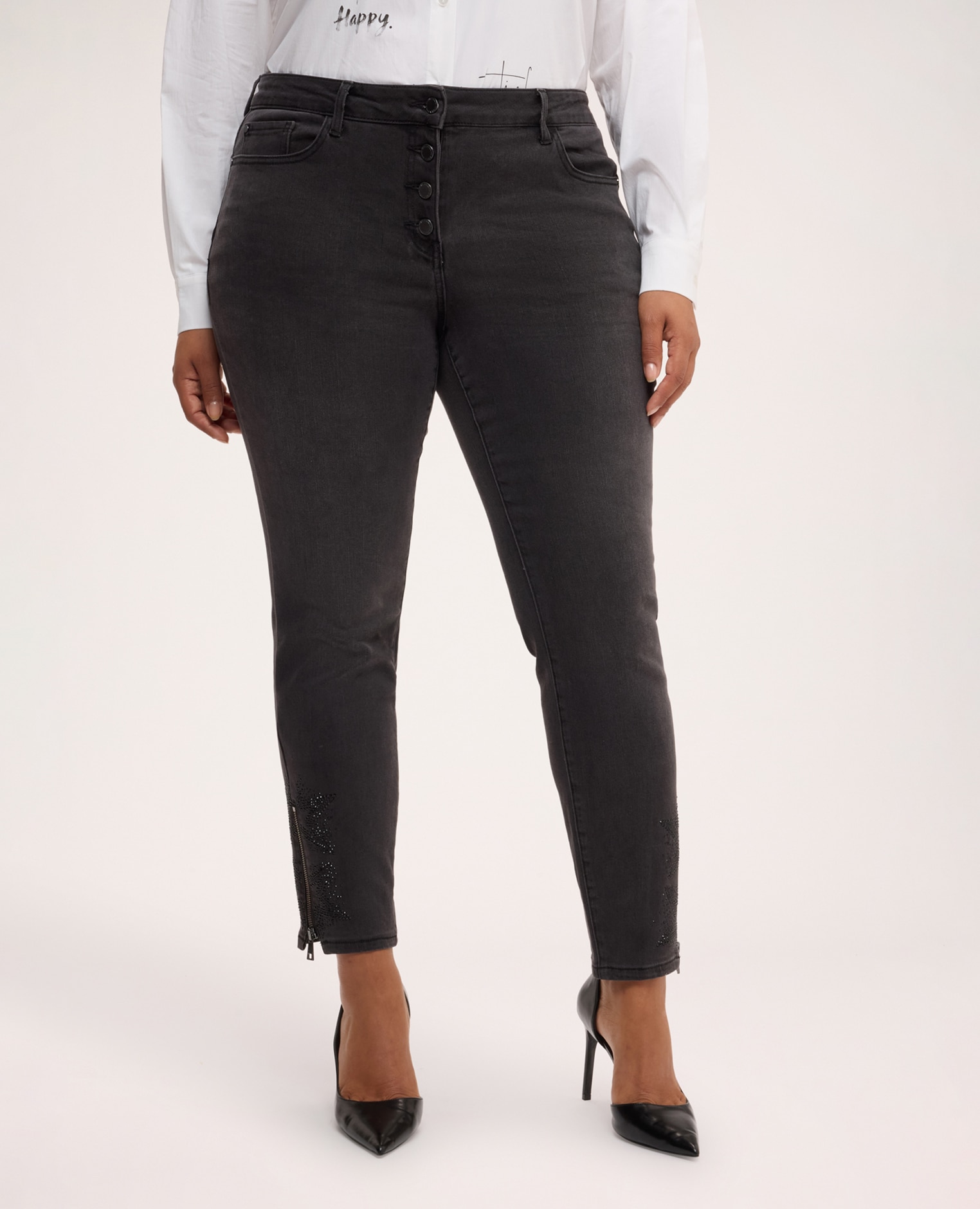 Jeans de mujer cortos con aplicaciones de estrás ajuste y diseño para el máximo confort - Fiorella Rubino - Gris Gris-3