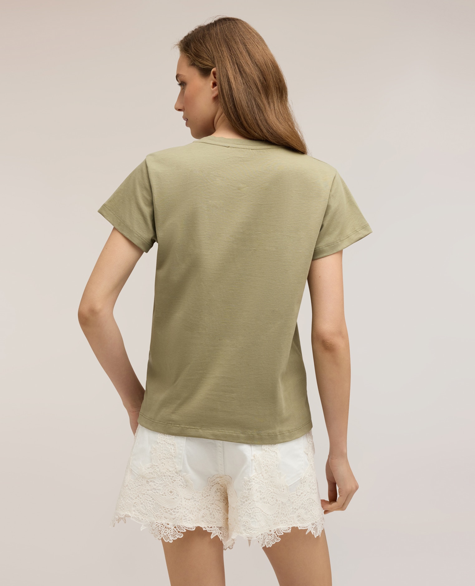 Camiseta de mujer de punto jersey con inscripción bordada ajuste regular con cuello redondo - Motivi - Verde militar Verde militar-2
