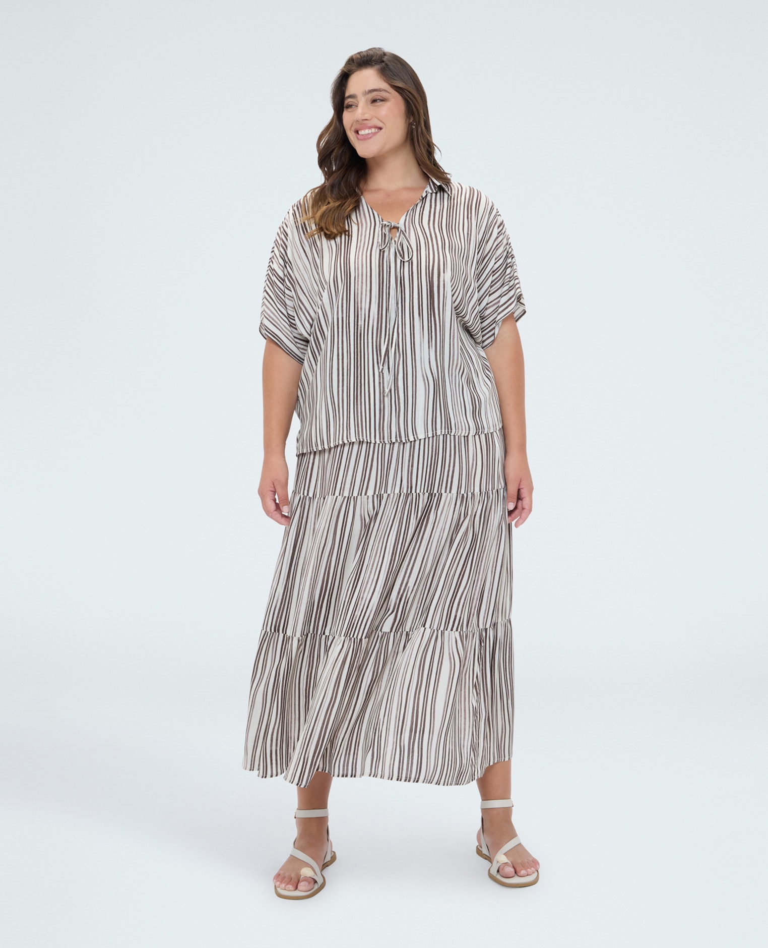 Blusa de mujer de rayas en viscosa ajuste oversize para una sensación agradable sobre la piel - Fiorella Rubino - Marrón Marrón-3