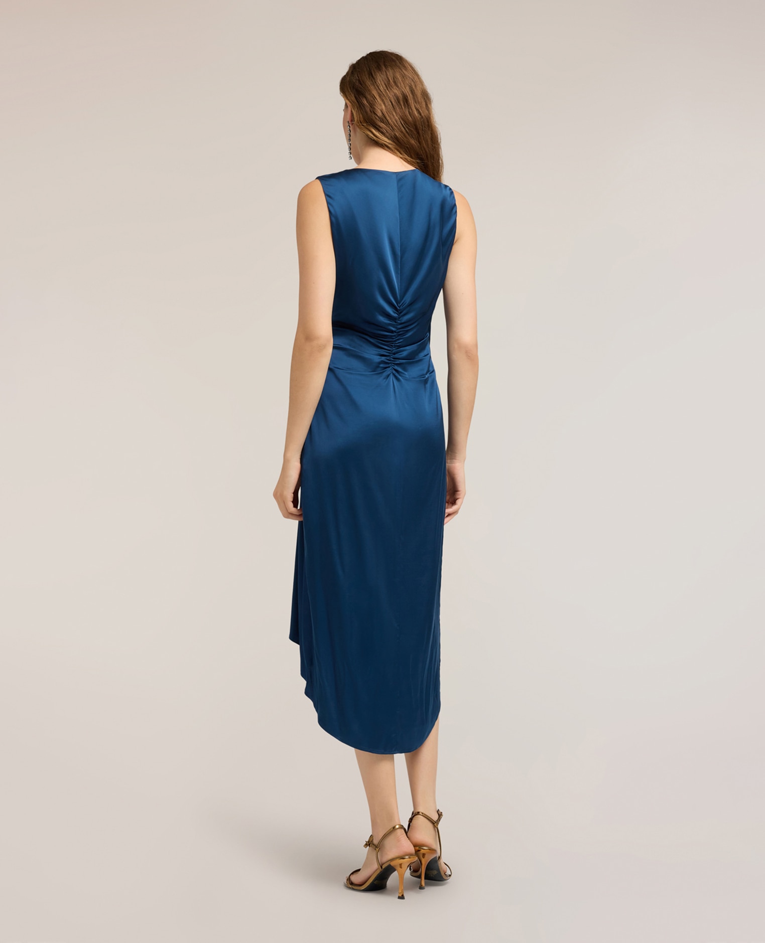 Vestido de satén con drapeado largo midi con bajo asimétrico cierre con cremallera - Motivi - Azul Azul-2