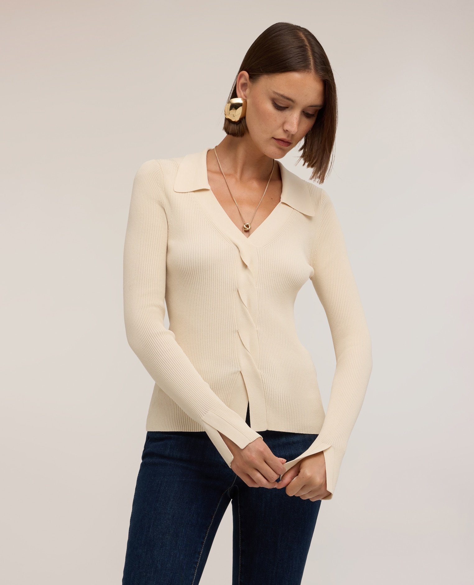 Jersey de mujer de canalé con detalle de trenza ajuste entallado largo medio - Motivi - Blanco Blanco-1