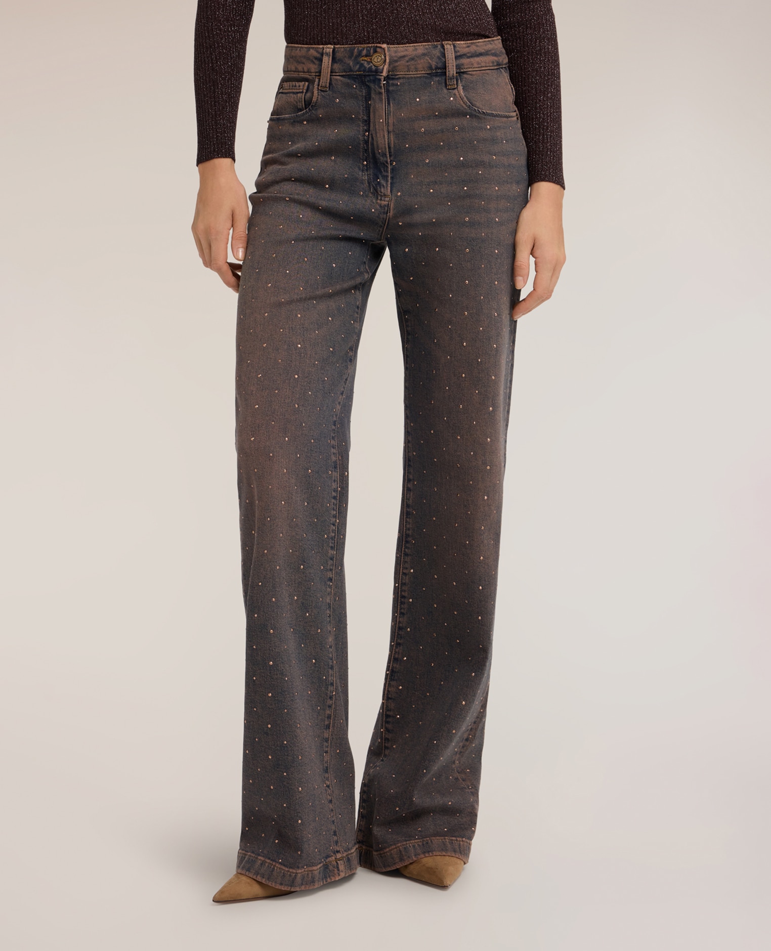 Jeans de mujer wide fit con aplicaciones de strass cierre con botón y cremallera - Motivi - Marrón Marrón-3