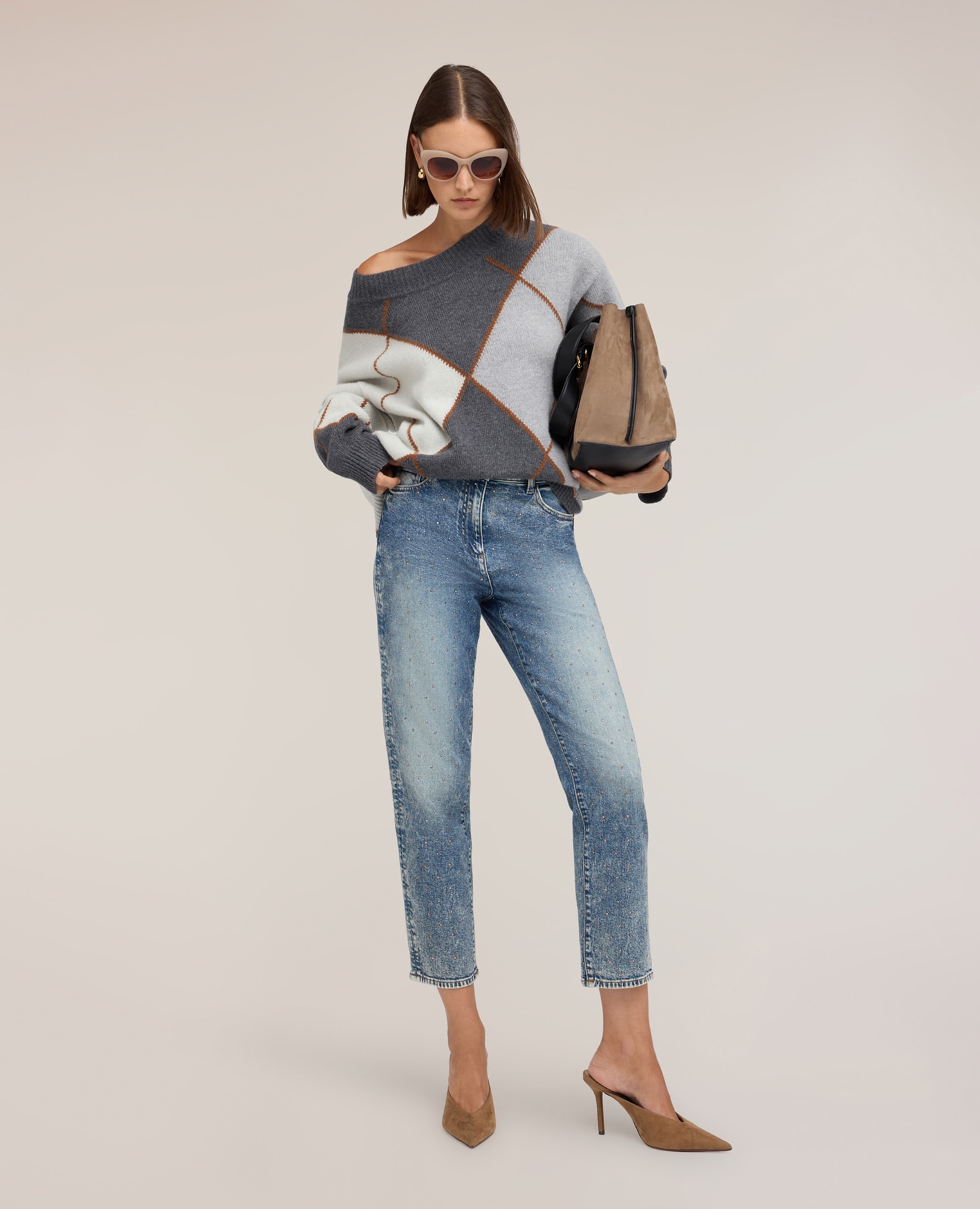 Jeans de mujer regular mum fit con strass talle alto con cierre de botón y cremallera - Motivi - Azul claro Azul claro-1