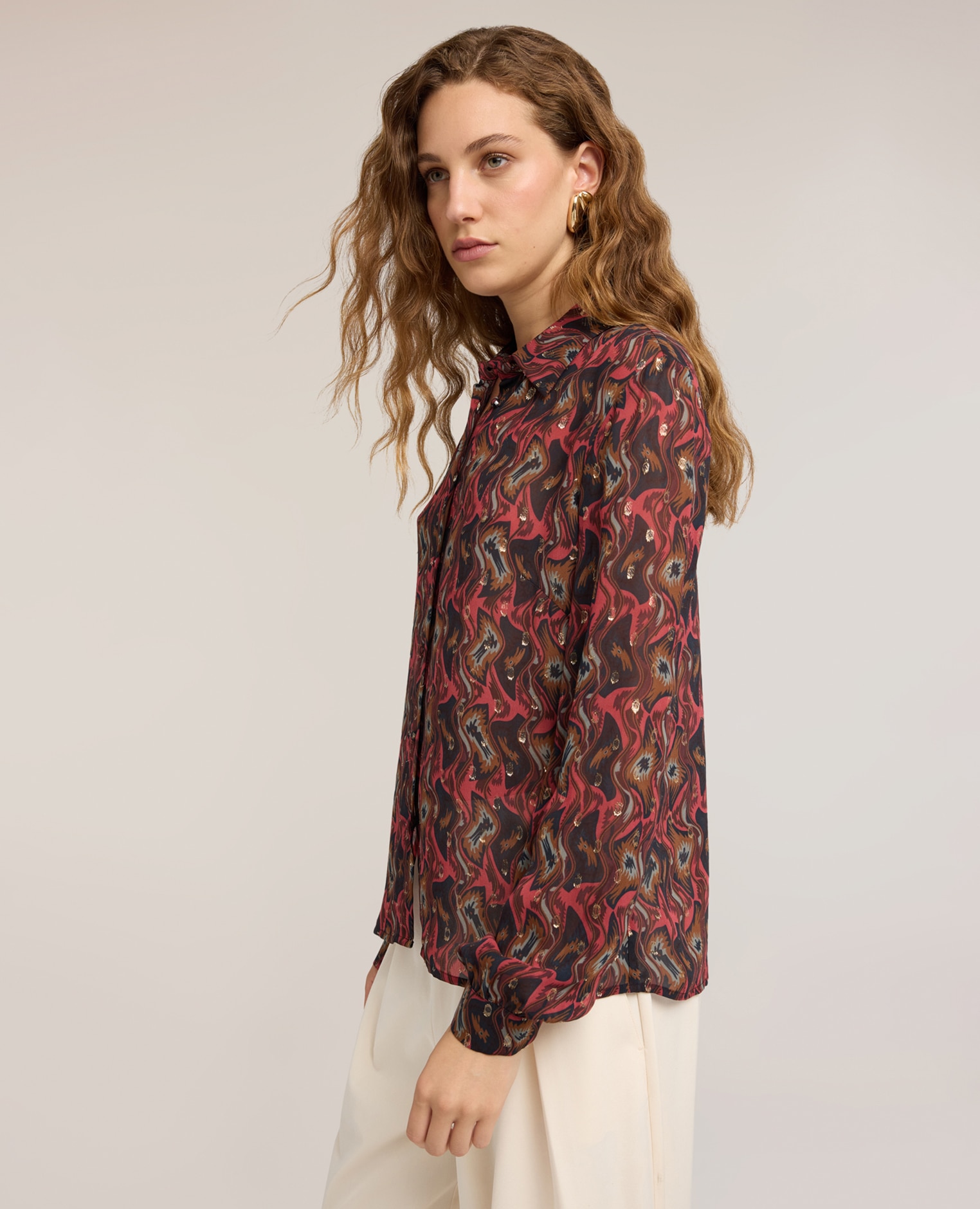 Camisa de mujer de georgette fil coupé con estampado ajuste regular cierre frontal con botones - Motivi - Rojo Rojo-1