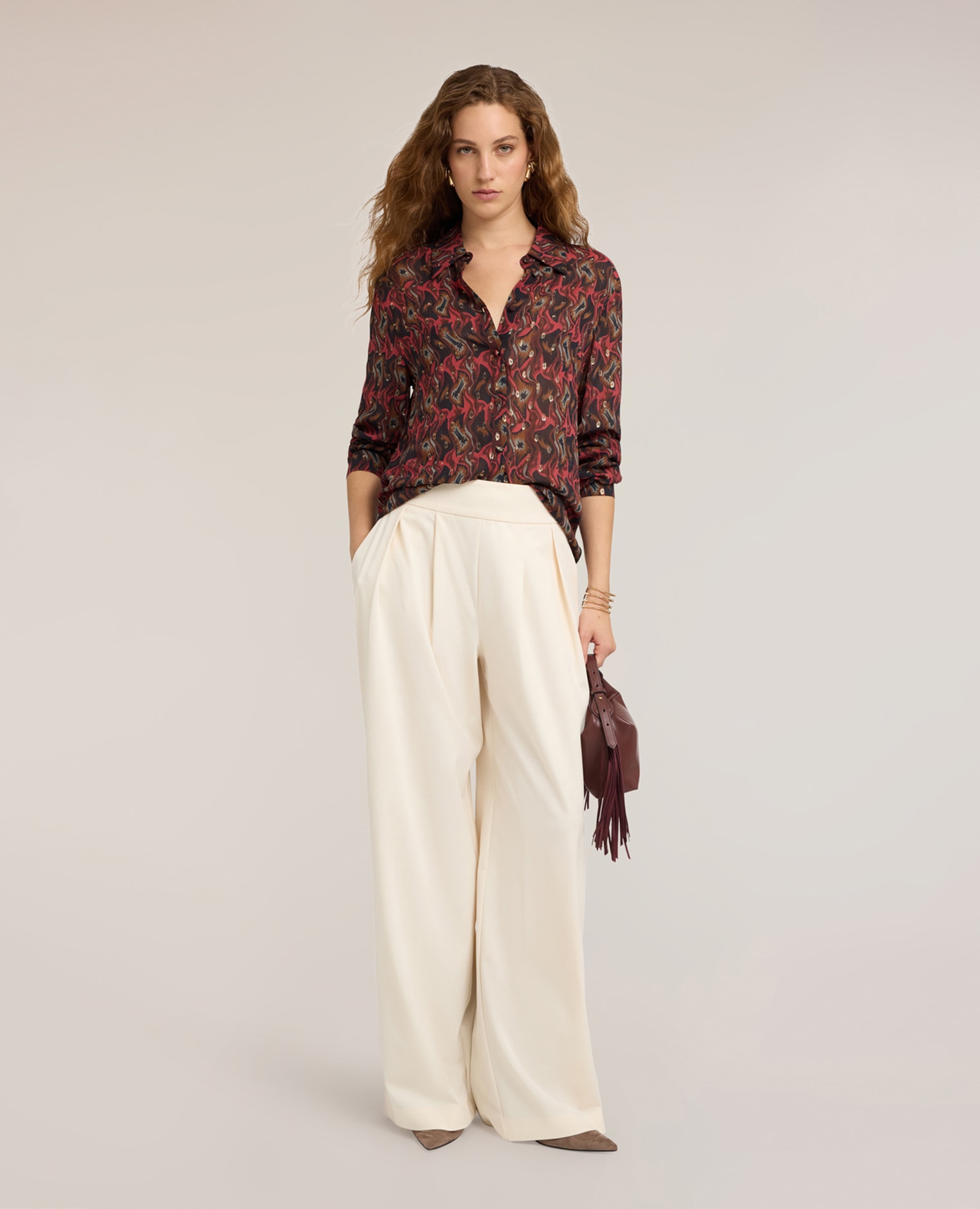 Camisa de mujer de georgette fil coupé con estampado ajuste regular cierre frontal con botones - Motivi - Rojo Rojo-3
