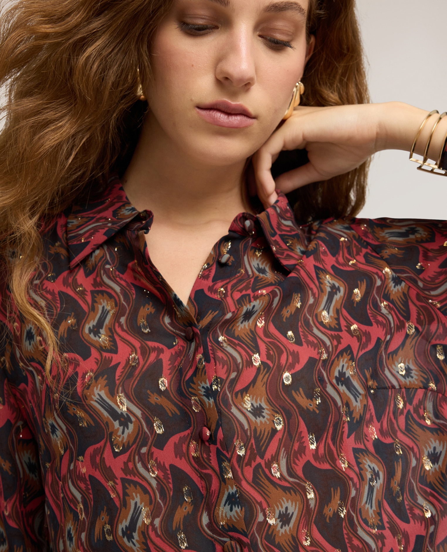 Camisa de mujer de georgette fil coupé con estampado ajuste regular cierre frontal con botones - Motivi - Rojo Rojo-4