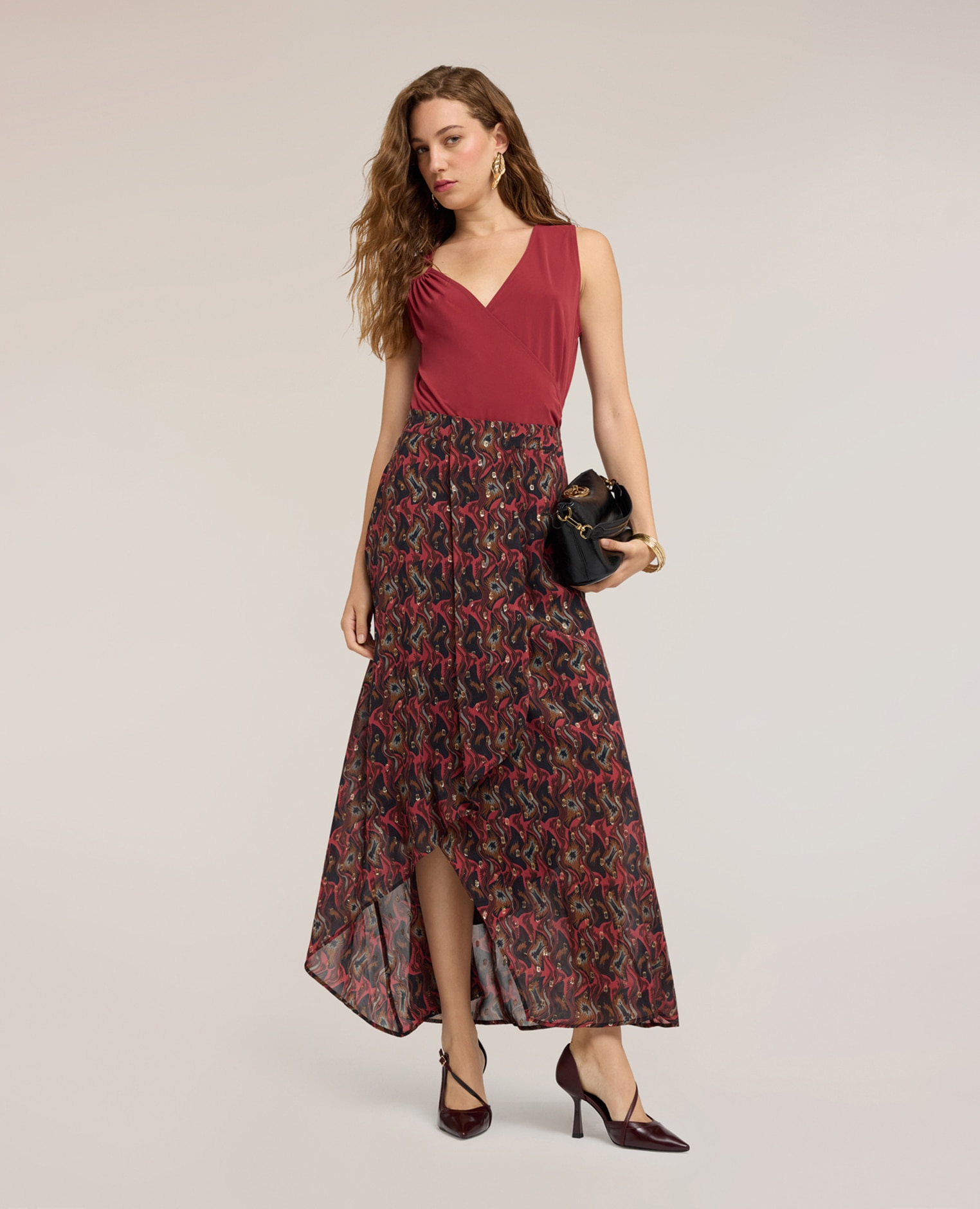 Falda maxi de georgette estampada largo maxi cierre con cremallera - Motivi - Rojo Rojo-1