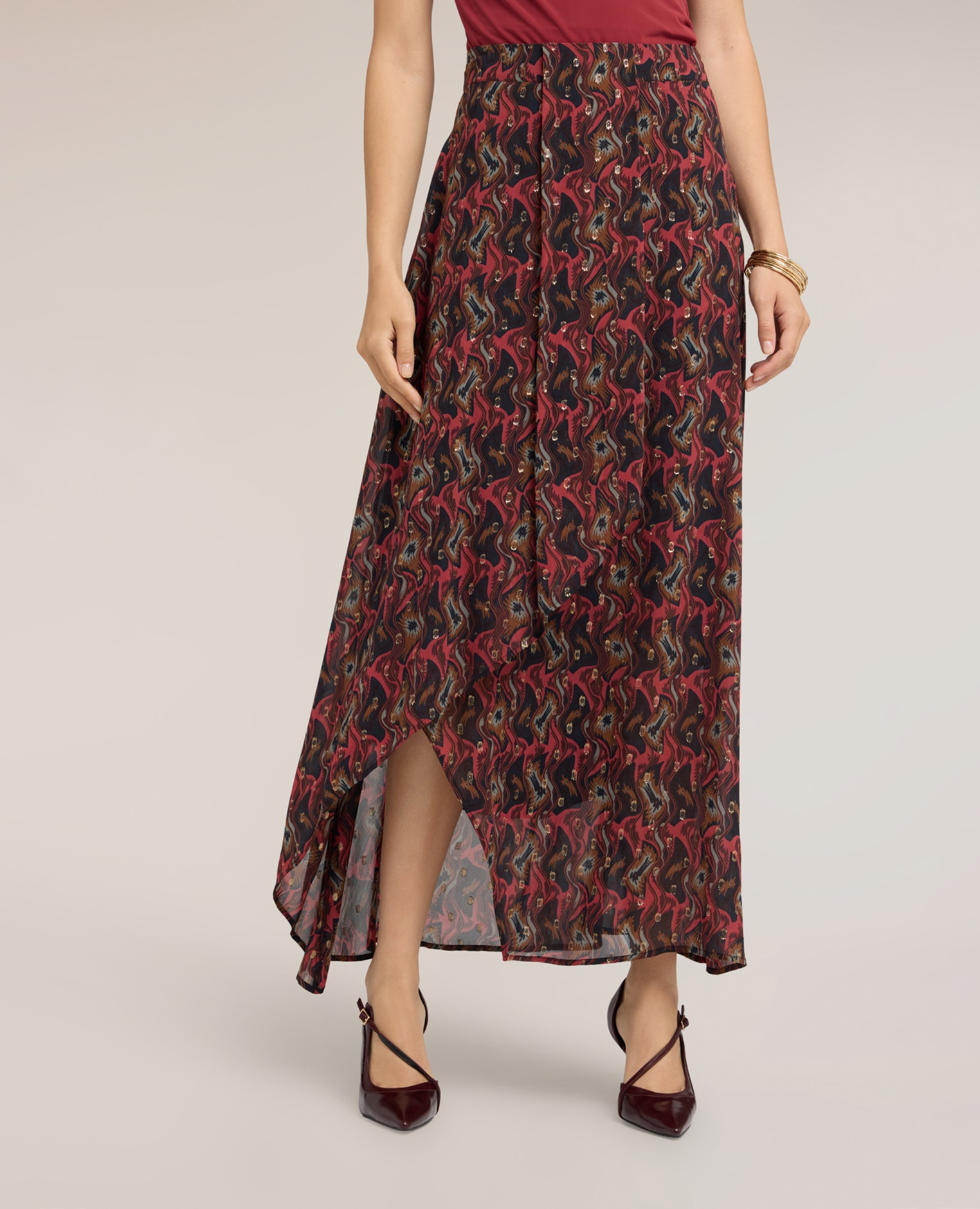 Falda maxi de georgette estampada largo maxi cierre con cremallera - Motivi - Rojo Rojo-3