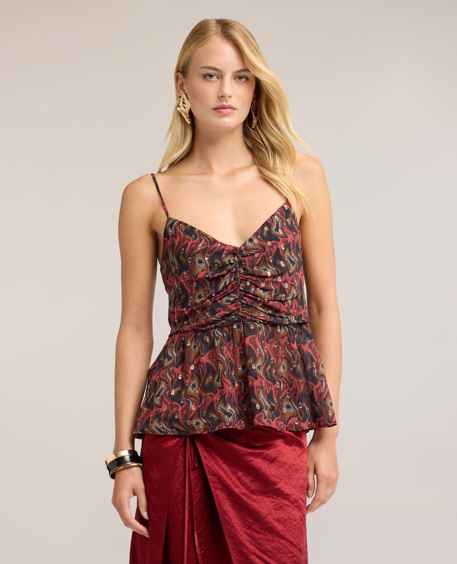 Top de mujer peplum en georgette fil coupé con estampado escote en v y tirantes finos ajustables - Motivi - Rojo Rojo-1