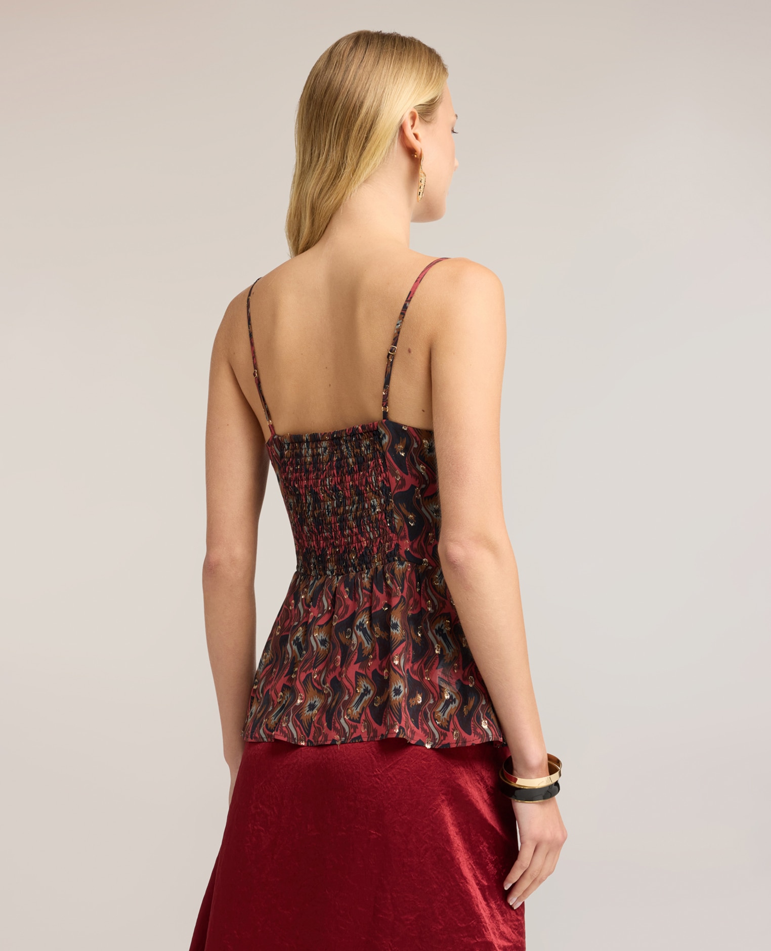 Top de mujer peplum en georgette fil coupé con estampado escote en v y tirantes finos ajustables - Motivi - Rojo Rojo-2