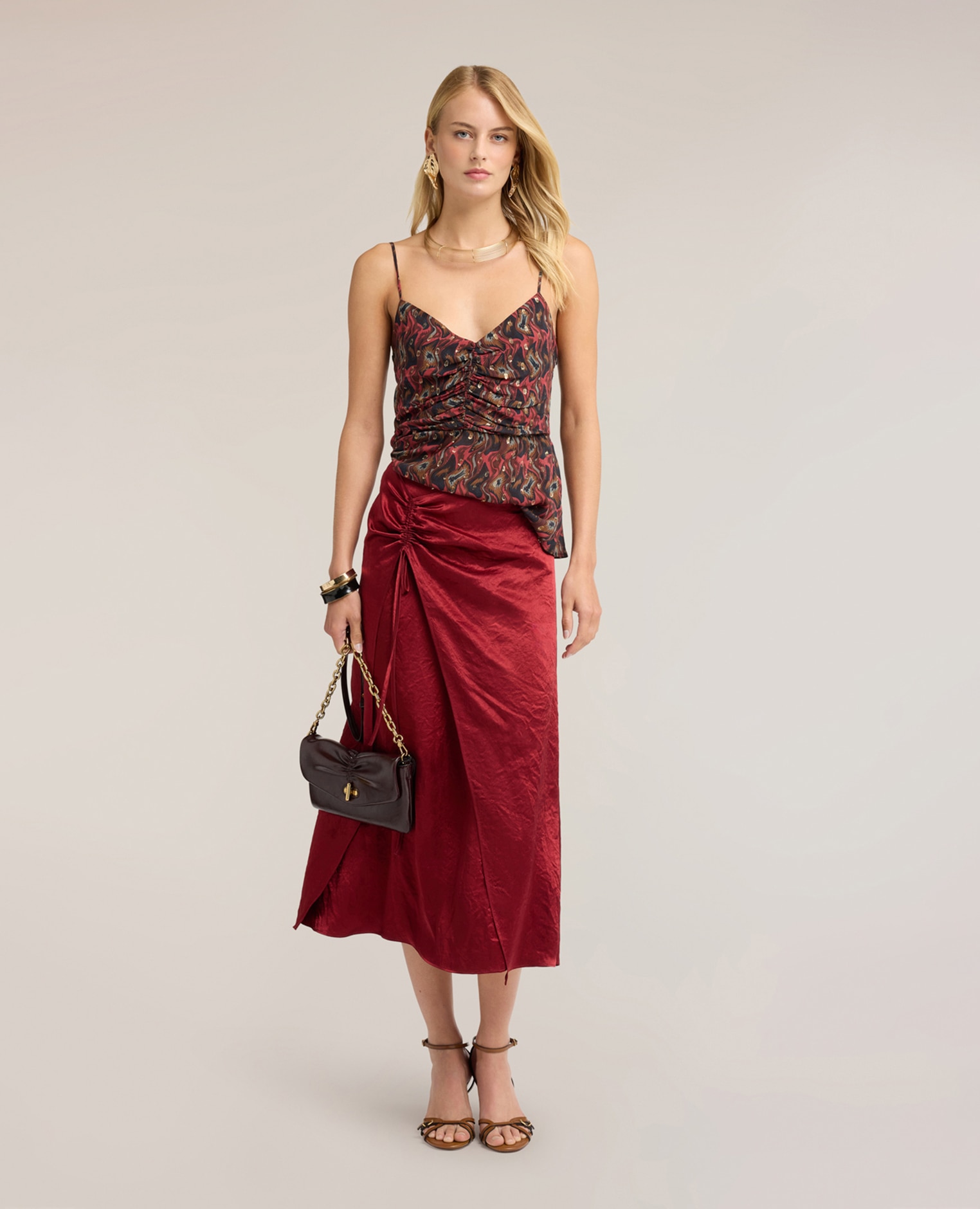 Top de mujer peplum en georgette fil coupé con estampado escote en v y tirantes finos ajustables - Motivi - Rojo Rojo-3
