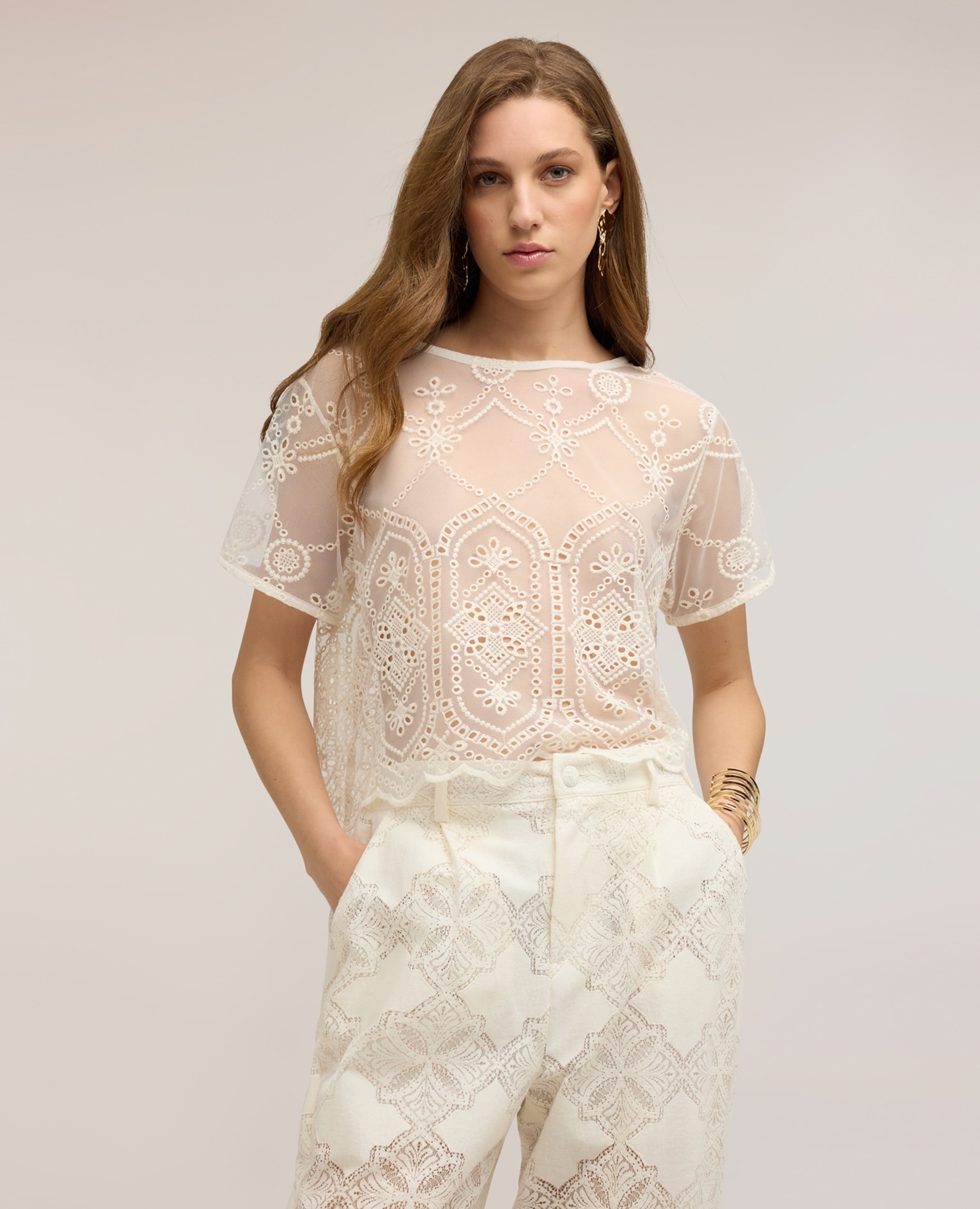 Motivi - Blusa de mujer de encaje con bordados ajuste boxy.