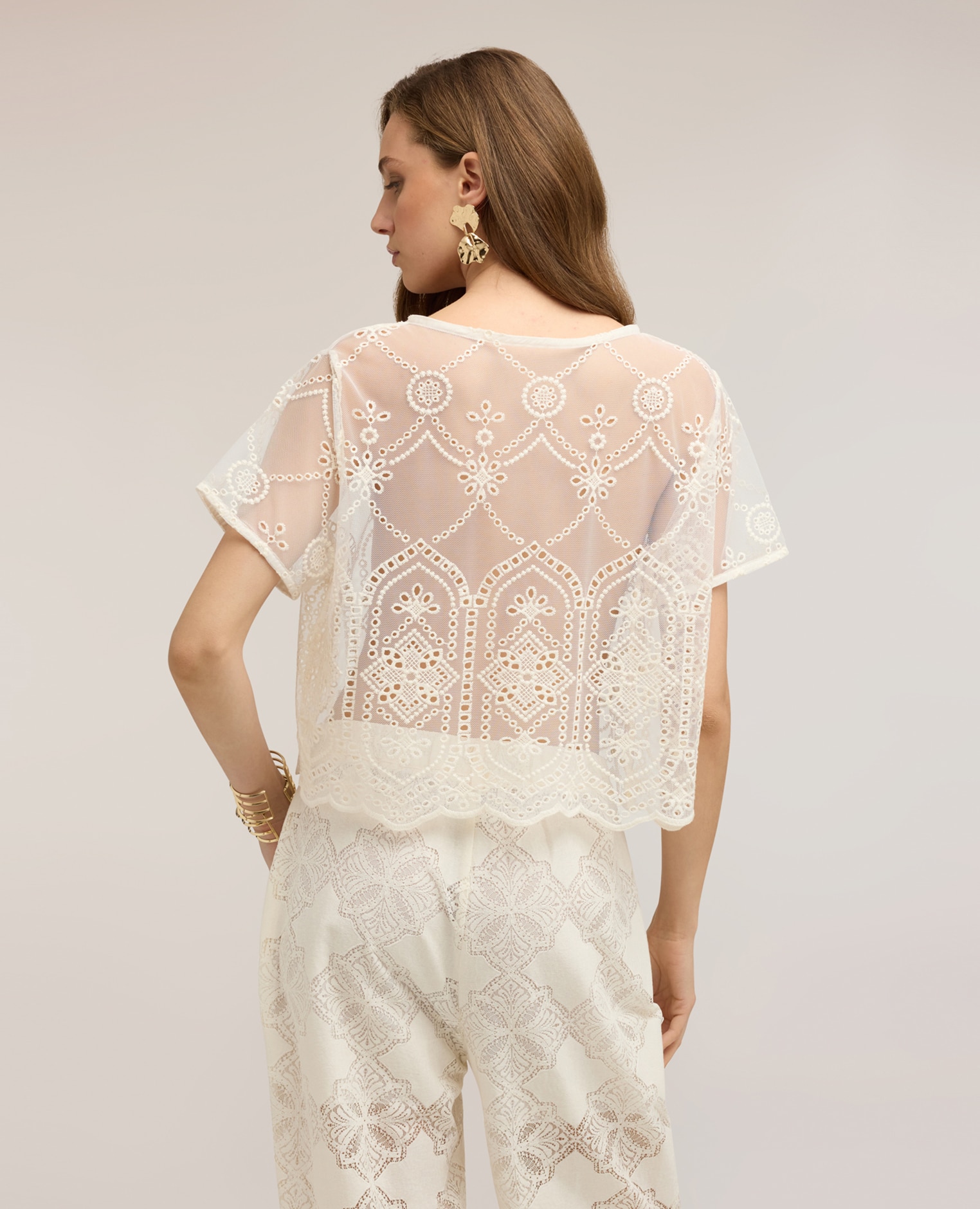 Blusa de mujer de encaje con bordados ajuste boxy - Motivi - Blanco Blanco-2