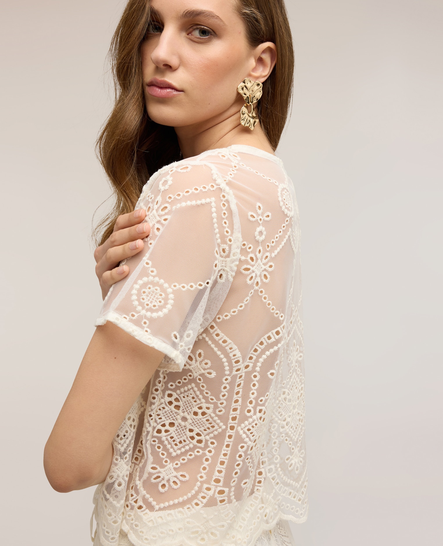 Blusa de mujer de encaje con bordados ajuste boxy - Motivi - Blanco Blanco-4