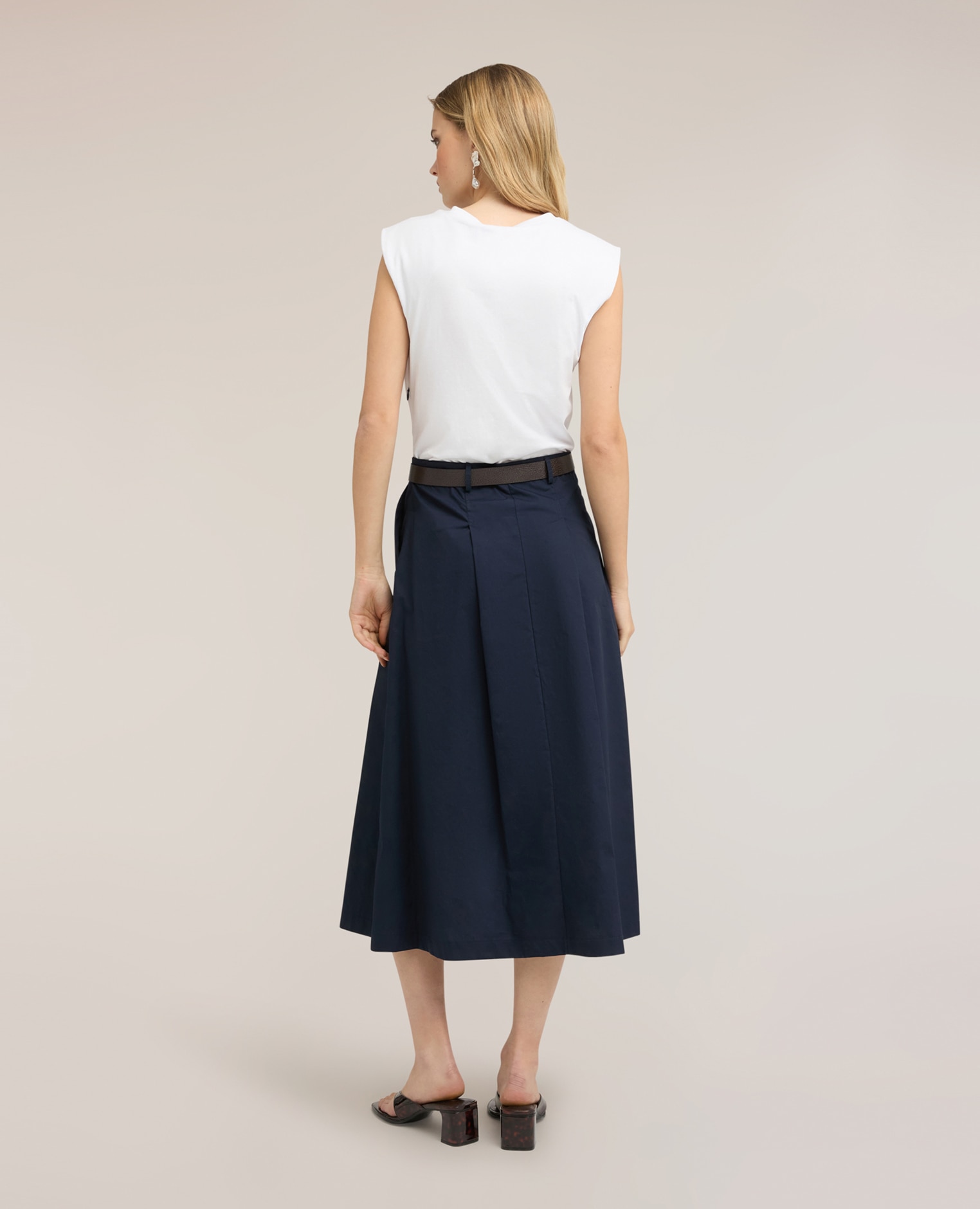 Vestido midi con cinturón y falda de popelín top sin mangas cinturón en la cintura con hebilla metálica - Motivi - Azul Azul-2