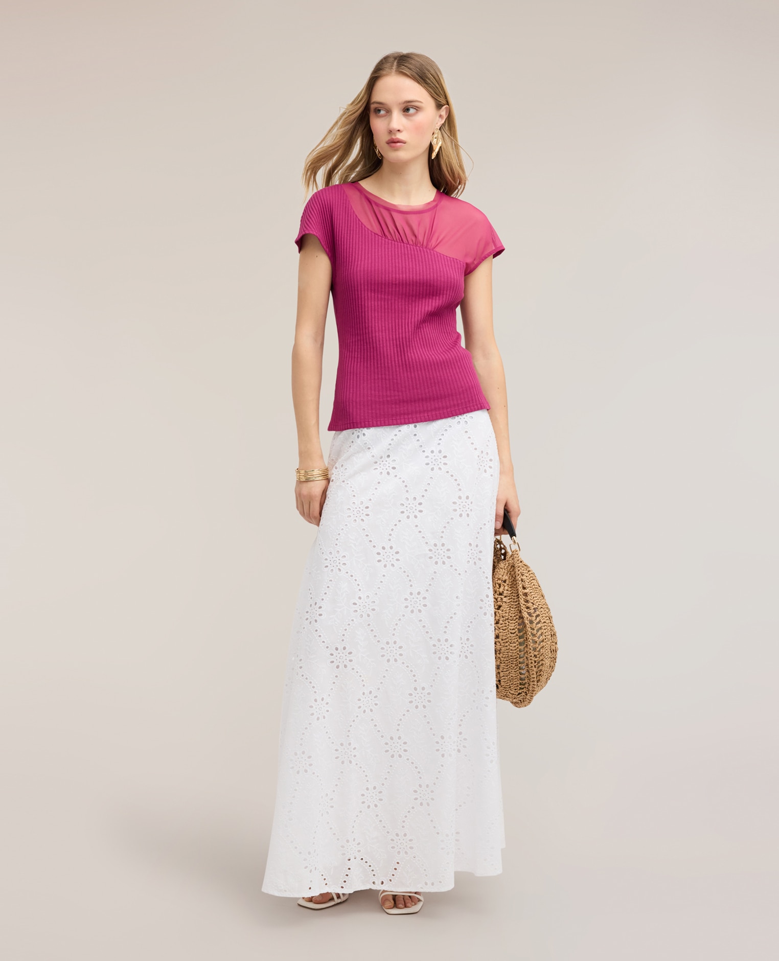 Camiseta de mujer bimatérica con detalle drapeado ajuste regular con escote redondo - Motivi - Fucsia Fucsia-3
