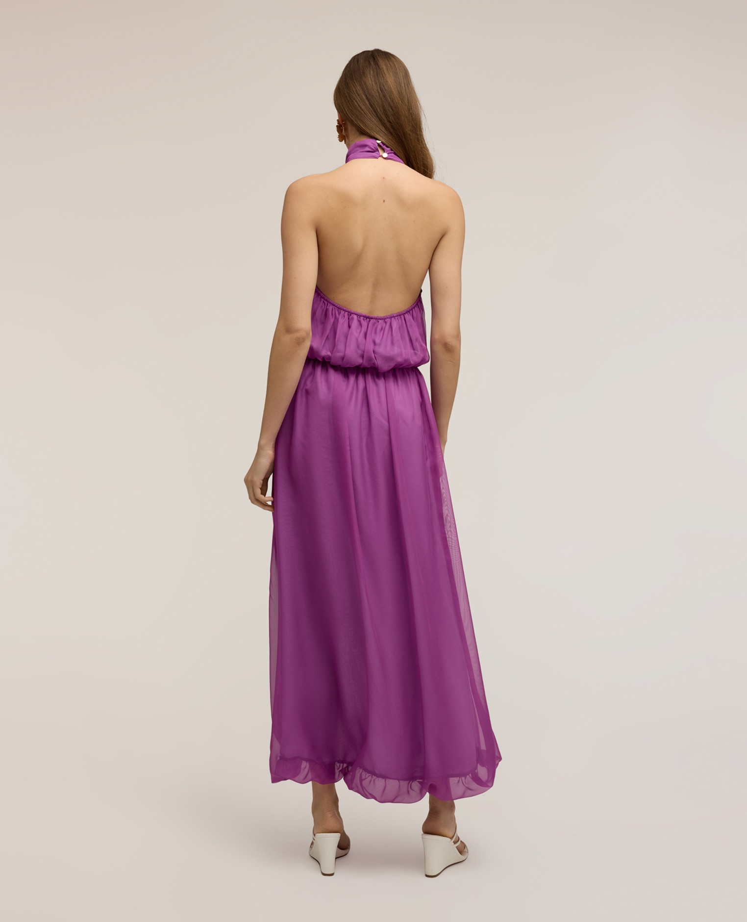 Vestido largo asimétrico con espalda descubierta elástico en la cintura bajo asimétrico con volante - Motivi - Morado Morado-2