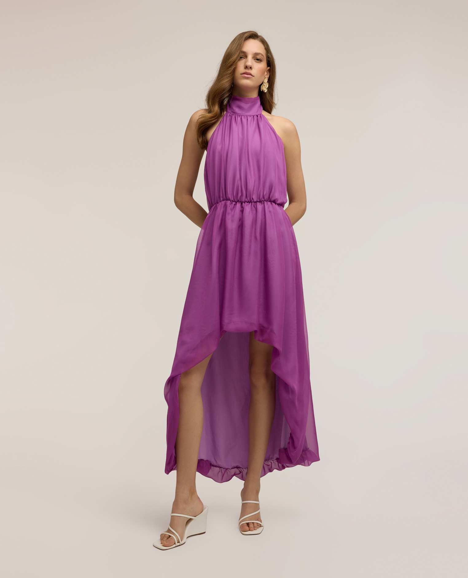 Vestido largo asimétrico con espalda descubierta elástico en la cintura bajo asimétrico con volante - Motivi - Morado Morado-3